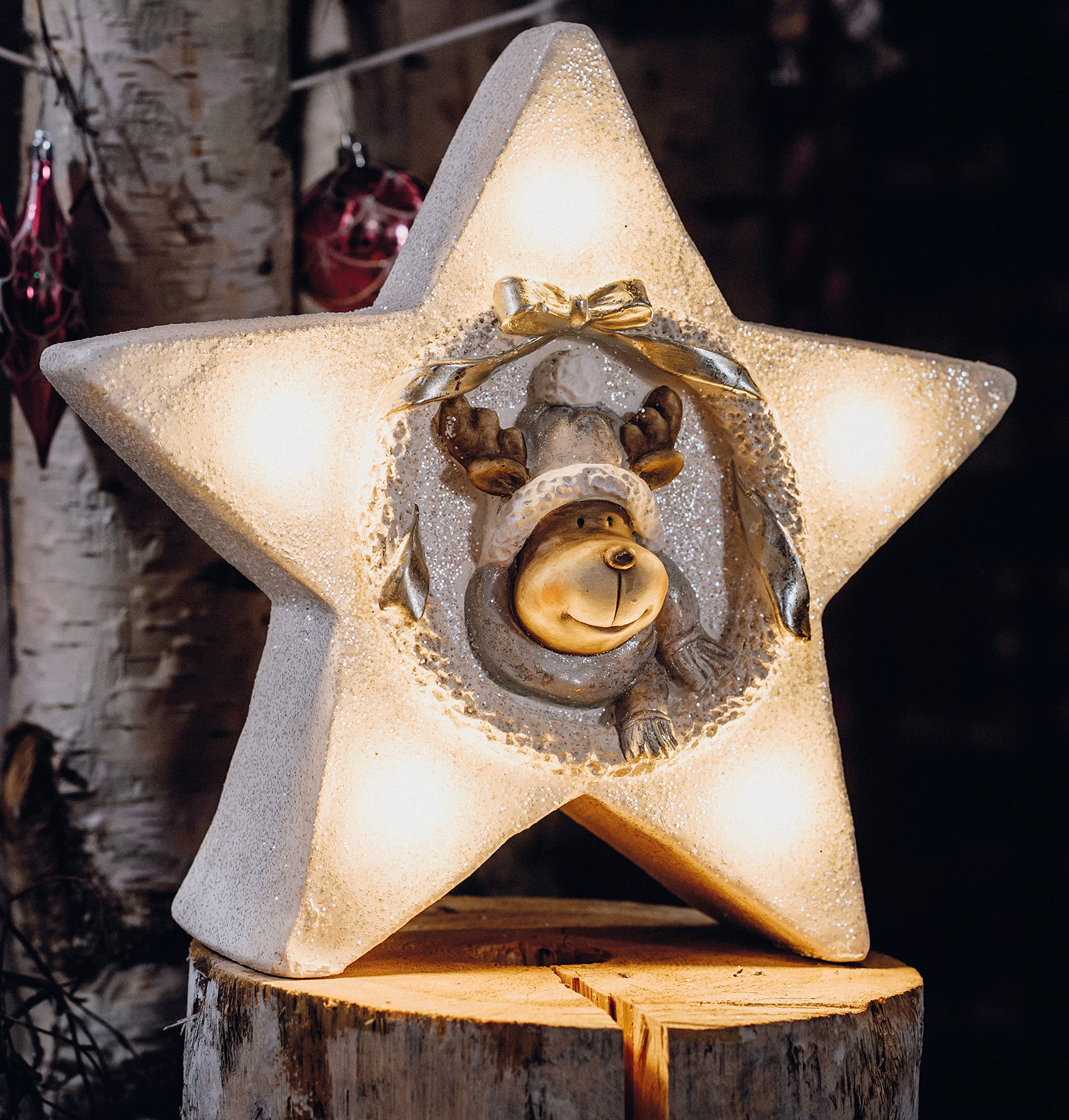 Hellum LED Dekofigur Stern mit Rentier, mit Timer, Weihnachten, warmweiß, batteriebetrieben (3xAA Nicht inkl.), 52x45x25cm, für Innen, Winter-Dekoration, 524048