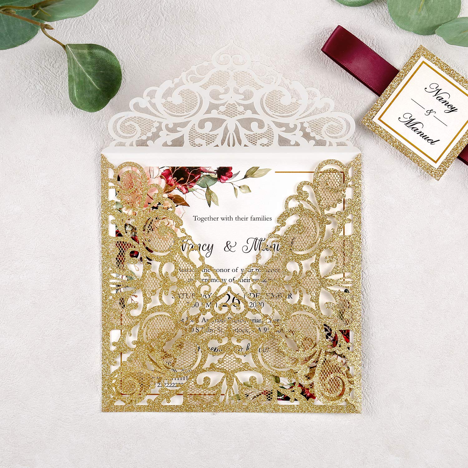 Hochzeitseinladungen mit Umschlägen, 16,5 x 16,3 cm, blanko, dunkles Gold, Glitzer, lasergeschnitten, hohler Rose Tasche burgunderrotem Band, Bauchband, Hochzeitseinladungskarten für