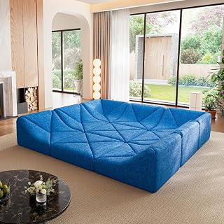 Dune Modular Sectional Sofa, Royal Blue Chenille Cloud Couch, 9 Pieces Low Profile Floor Sofa Set, DIY Convertible U Shaped Conversation Pit Couch for Living Room