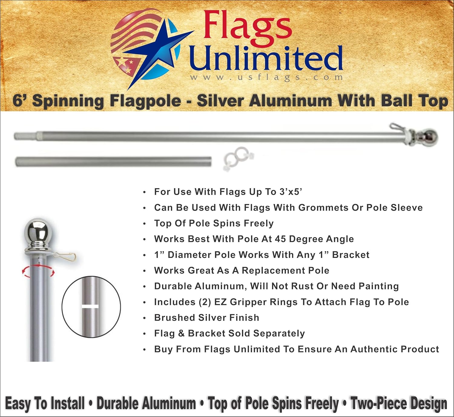 Flag Pole - 6 Foot Silver Brushed Aluminum No Tangle Spinning Flagpole with Silver Ball Top - Strong Pole Will Fly Grommeted or Sleeved Flags in Residential or Commercial Settings