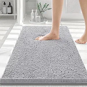 Smiry Luxury Chenille Bathroom Rugs 30x20, Extra Soft and Absorbent Shaggy Bath Mat, Machine Washable, Non-Slip Plush Carpet Runner for Tub, Shower, and Floor, Home Decor Accessories, Light Grey