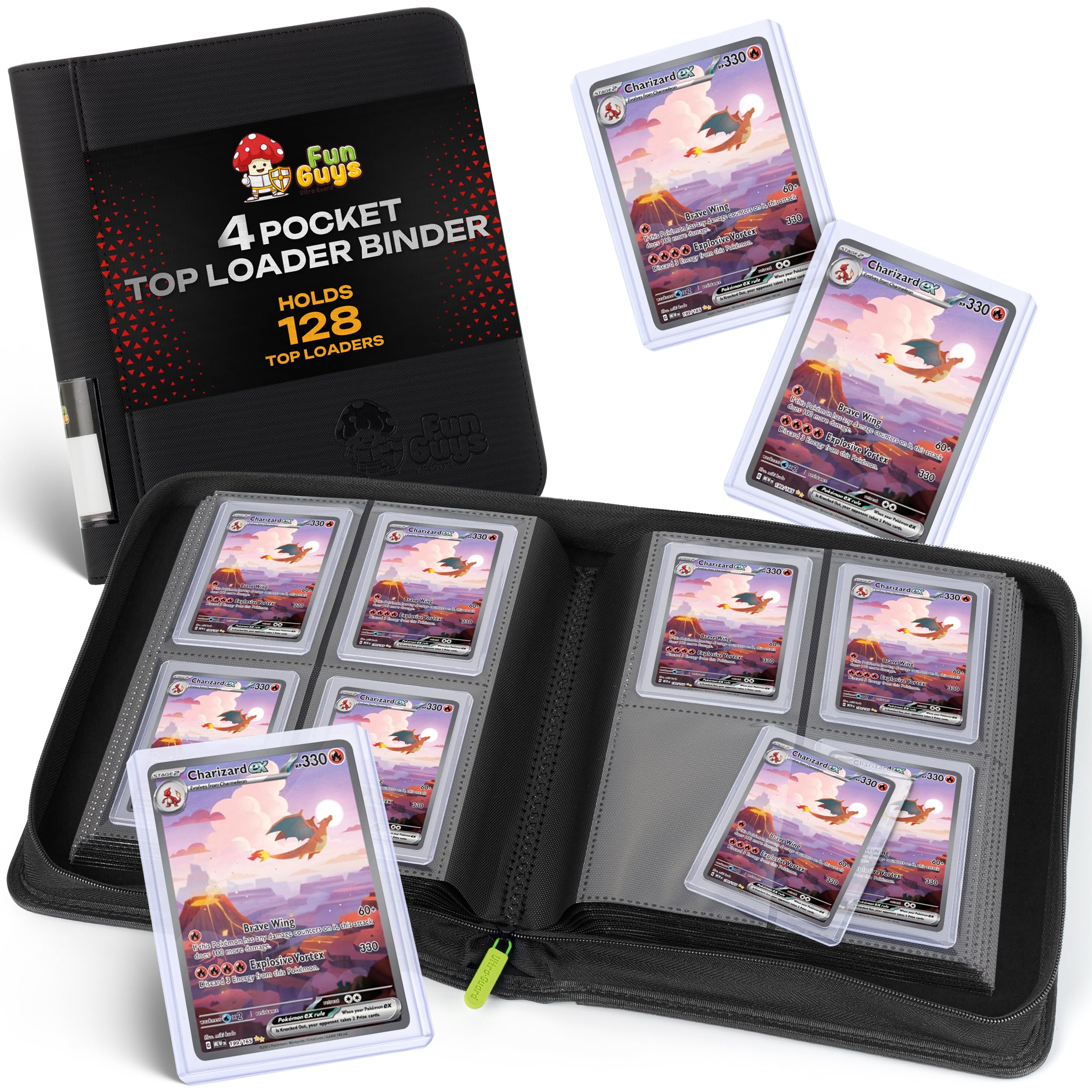 FunGuys Toploader Binder, Trading Card Binder Storage,128 4 Pocket Top Loader Pokemon Binder, Card Collection for Yugioh, MTG, TCG, Card Folders for Trading Cards