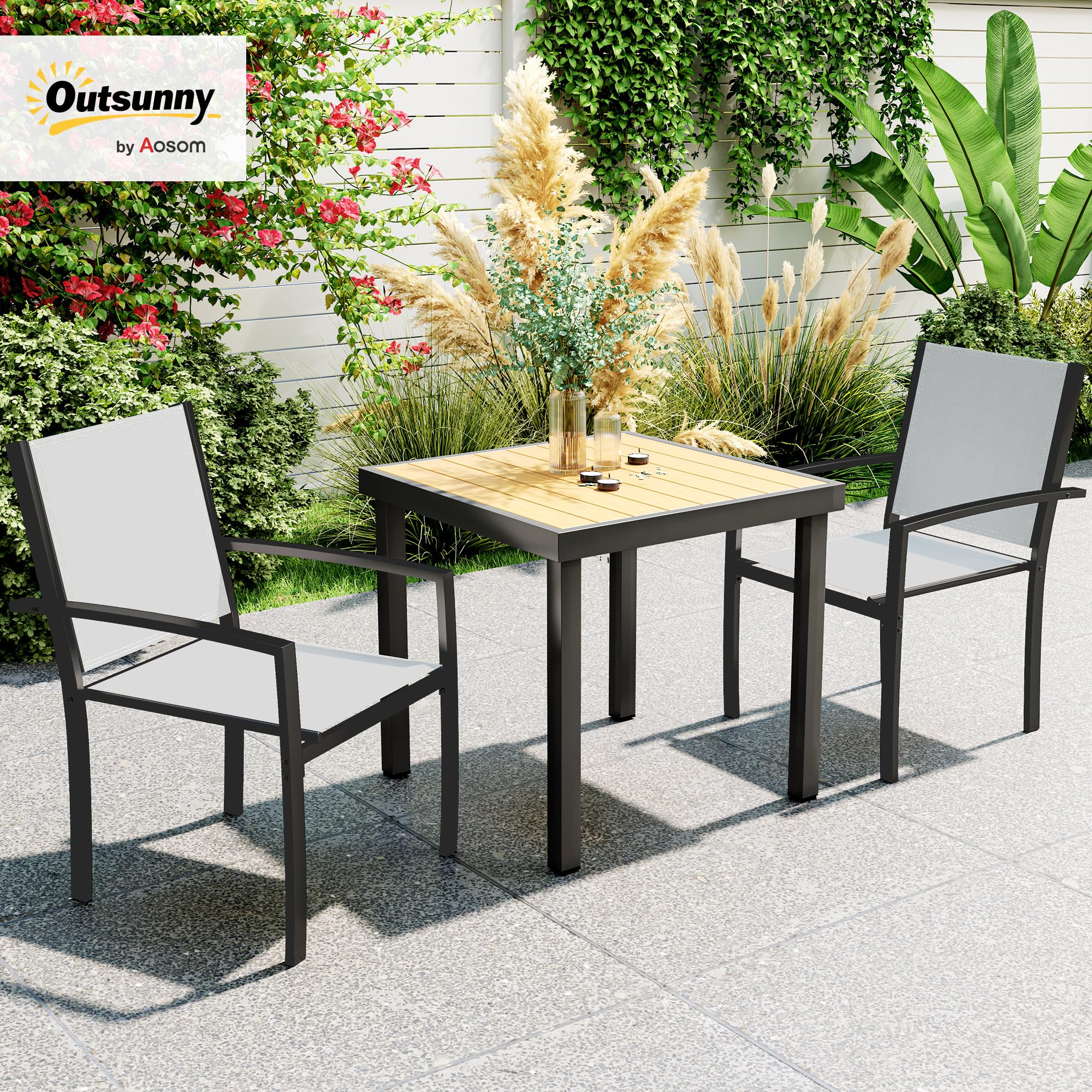 Outsunny Lot de 2 chaises de Jardin chaises empilables d'extérieur avec accoudoirs, Cadre en Acier pour Jardin, Piscine, terrasse, Gris Clair