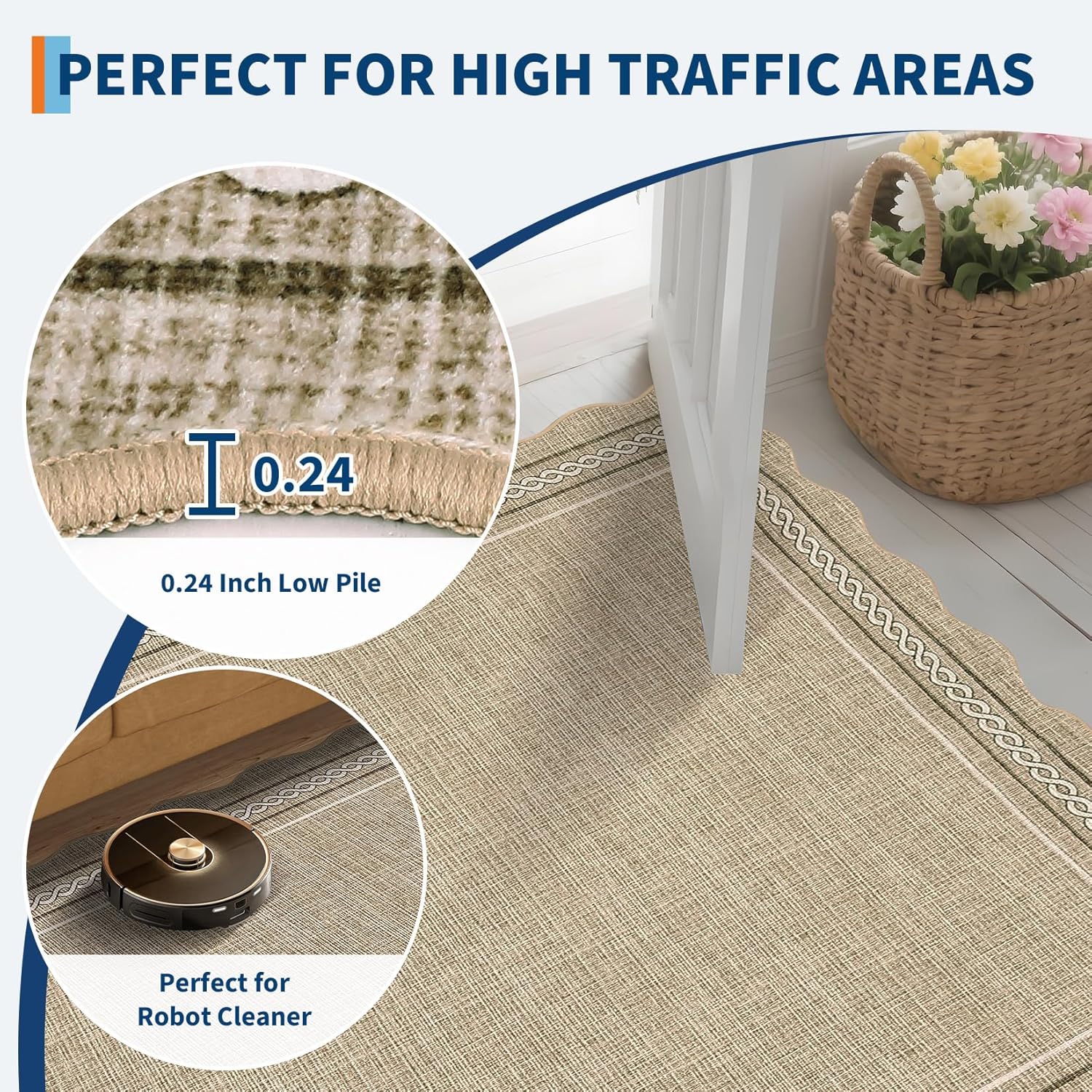 GarveeHome Washable Area Rugs 9x12 Living Room Rug Scalloped Jute Printed Non Slip Soft Bedroom Rugs Low Pile Foldable Large Rug Stain Resistant Carpet for Nursery Dining Room Classroom, Jute