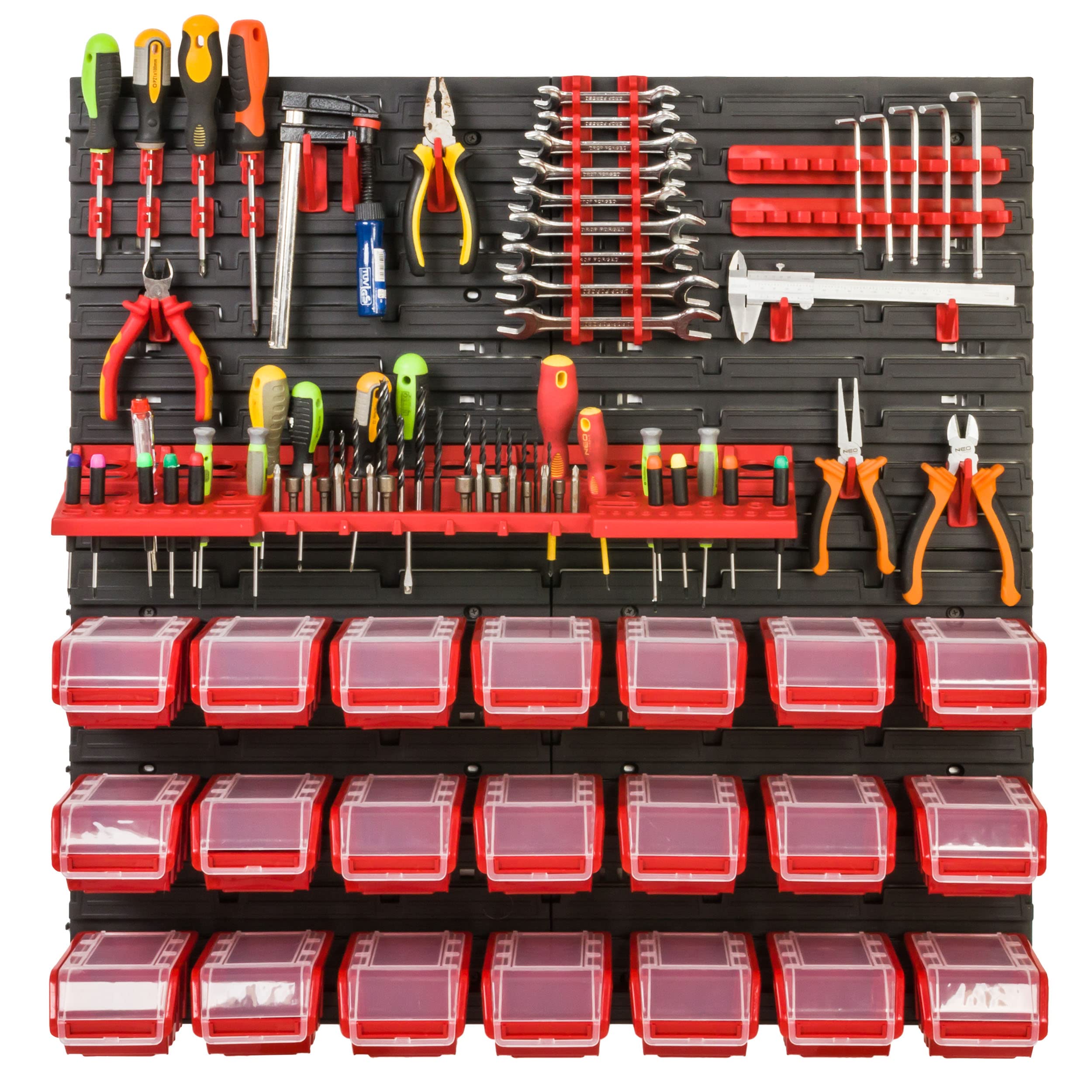 Lagersystem Werkstattregal | 78 x 78 cm | 21 stck. Box | Wandregal mit Werkzeughalterungen und Stapelboxen - Wandplatten Extra Starke Schüttenregal Warkzeuglochwand Lagerregal Garage Regal (8)