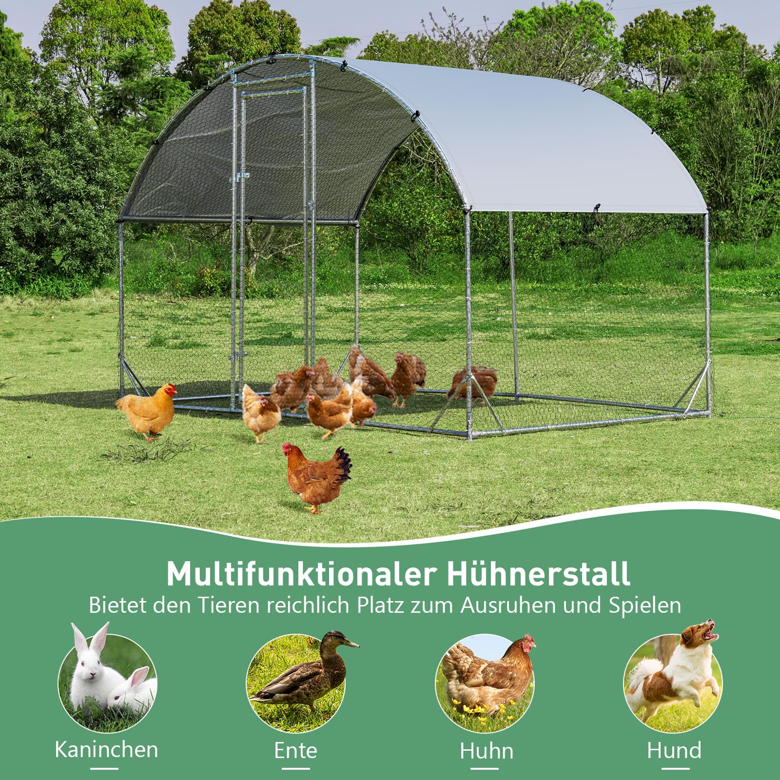 COSTWAY Hühnerstall Winterfest, Freilaufgehege aus Verzinktem Metall, Hühnergehege mit abschließbarem Tür & Kuppeldach & Drahtgeflecht, Freigehege für Hühner Kleintiere Hasen (190 x 280 x 195 cm)