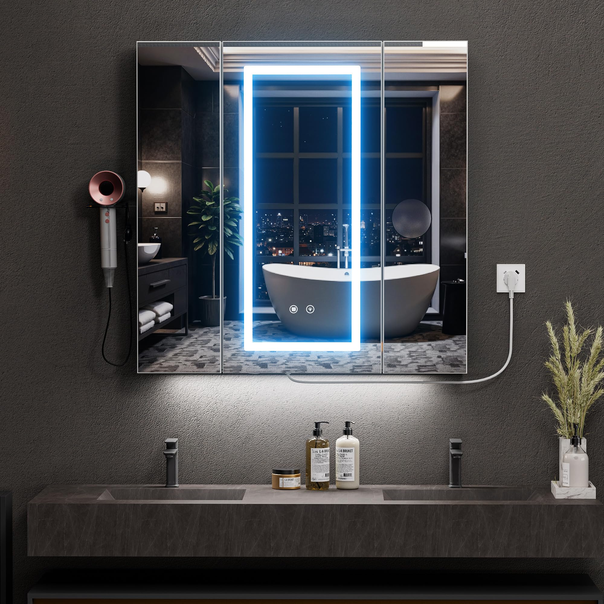 Armario con espejo para baño con iluminación y enchufes y USB, 80 x 16 x 80 cm, armario con espejo con iluminación, 3 puertas, función de deshumidificación, 3 temperaturas de color, regulable
