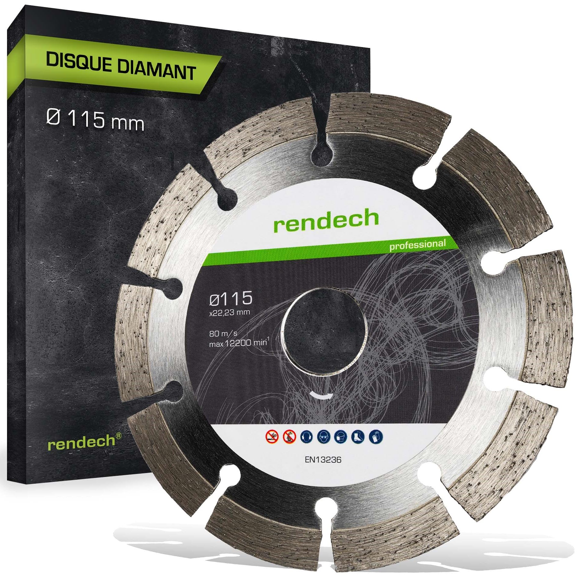 rendech® Profi Diamantscheibe mit 10mm Block-Segment | Ideal für Beton, Stein, Mauerwerk, Granit, Ziegel uvm. - Zubehör für Winkelschleifer mit hoher Schneidleistung