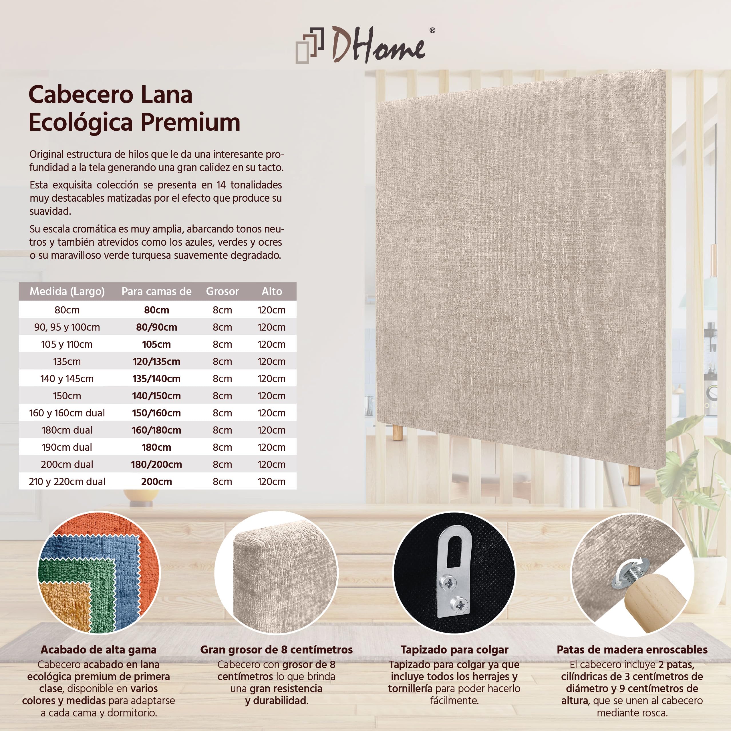 DHOME Testiera Liscia in Lana Ecologica Fino a terra Spessore 8cm Testata Letto Imbottita Stile Moderno per Camera da Letto Top Trending (Beige, 80cm)