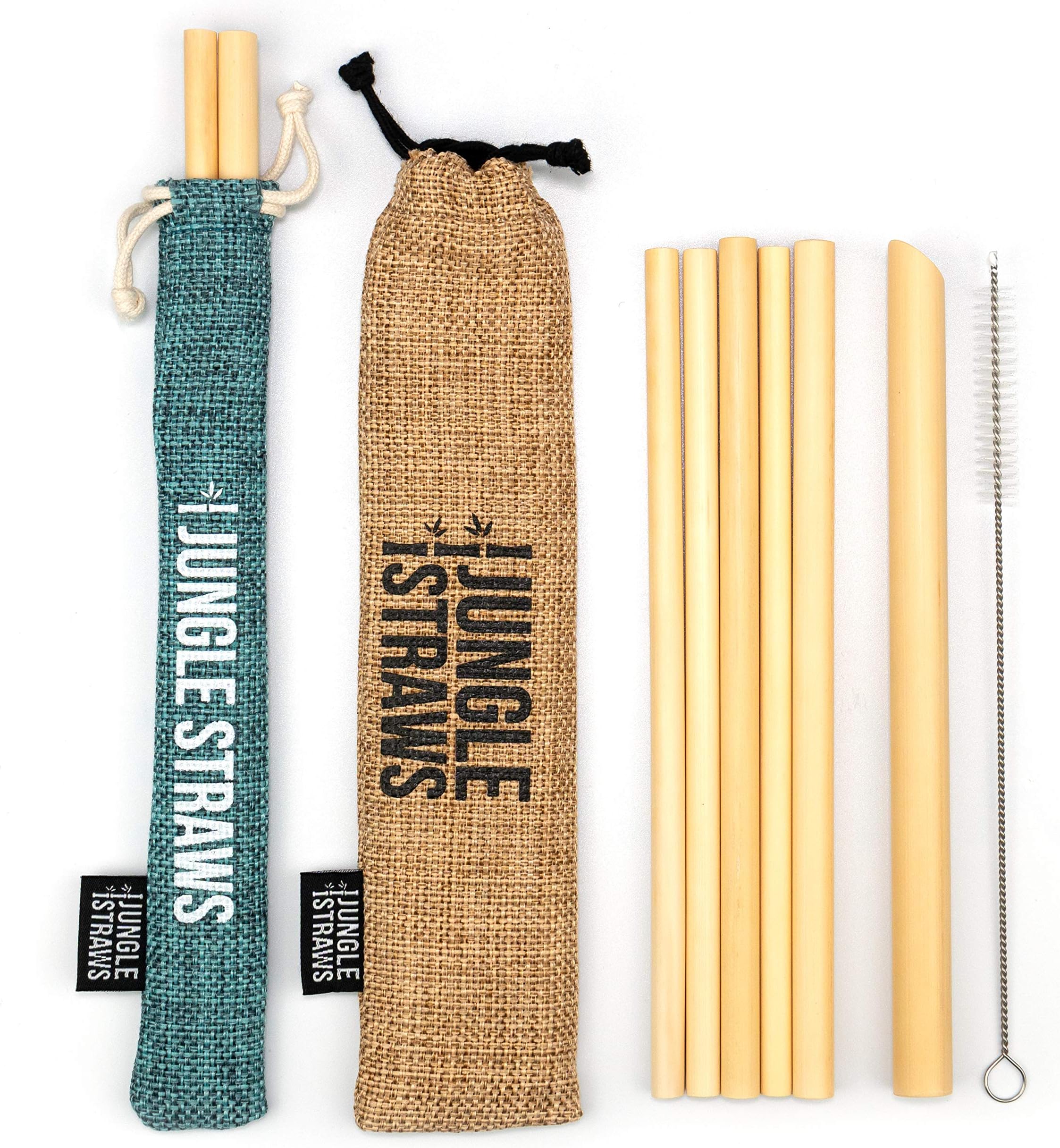 Jungle Straws® Bamboo Straws • Pack of 6 Reusable Drinking Straws Including Boba Straw for Bubble Tea • Storage Bag & Pouch • Zero Waste Natural Straws • Eco Friendly & Organic • Plastic Free • Teal