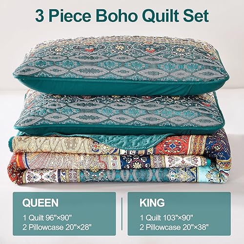 Miniatura 6 de WONGS BEDDING Juego de edredón bohemio tamaño Queen, color verde y marrón, juego de ropa de cama bohemio tamaño Queen, colcha de microfibra ligera