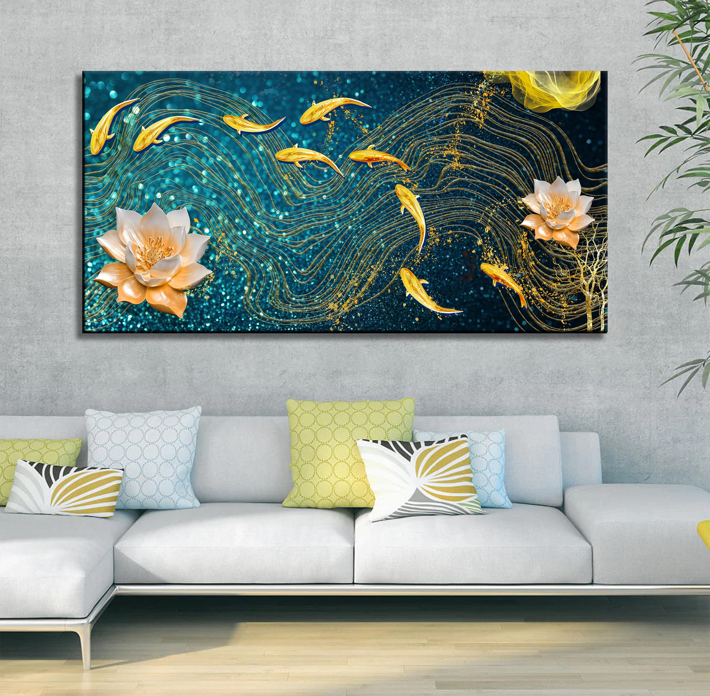 AADEE CRAFT Modern Golden Lotus with koi Fish Abstract Canvas Wall Painting With Wooden Frame For Living Room I Bedroom I Home | Office | Hotel | Gifts Size Big Large (48x24 inches)