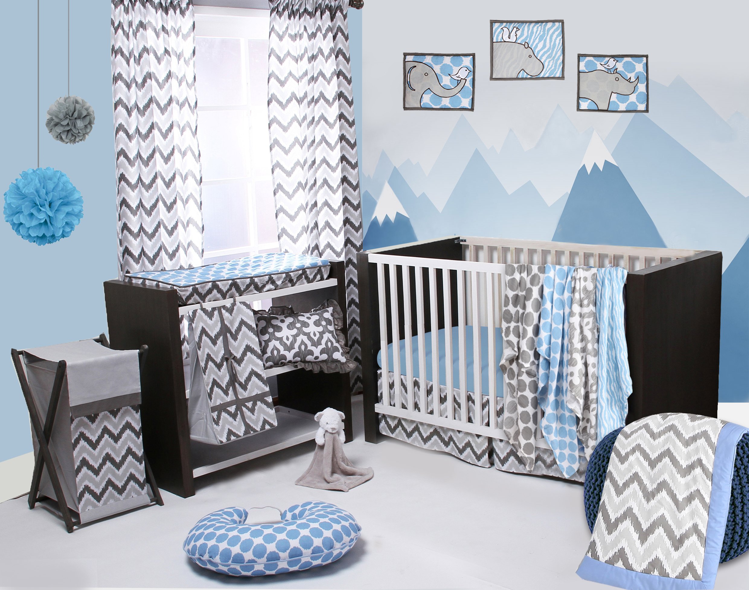 Ikat Blue/Grey 6 Crib Set with 4 Muslin Blankets-image-45