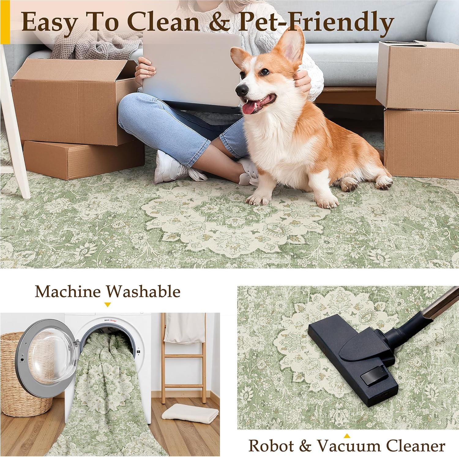 5x7 Green Washable Vintage Area Rug for Living Room Bedroom Soft Tranditional Non Slip Large Throw Rug Lightweight Floral Low Pile Distressed Carpet Office Playroom Dinning Laundry Room - Image 6