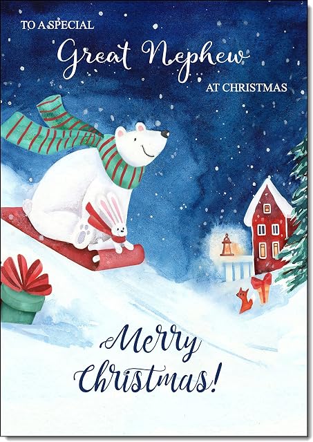 doodlecards Great Nephew Christmas Card Bear on Sled Medium Size with Plain Red Envelope