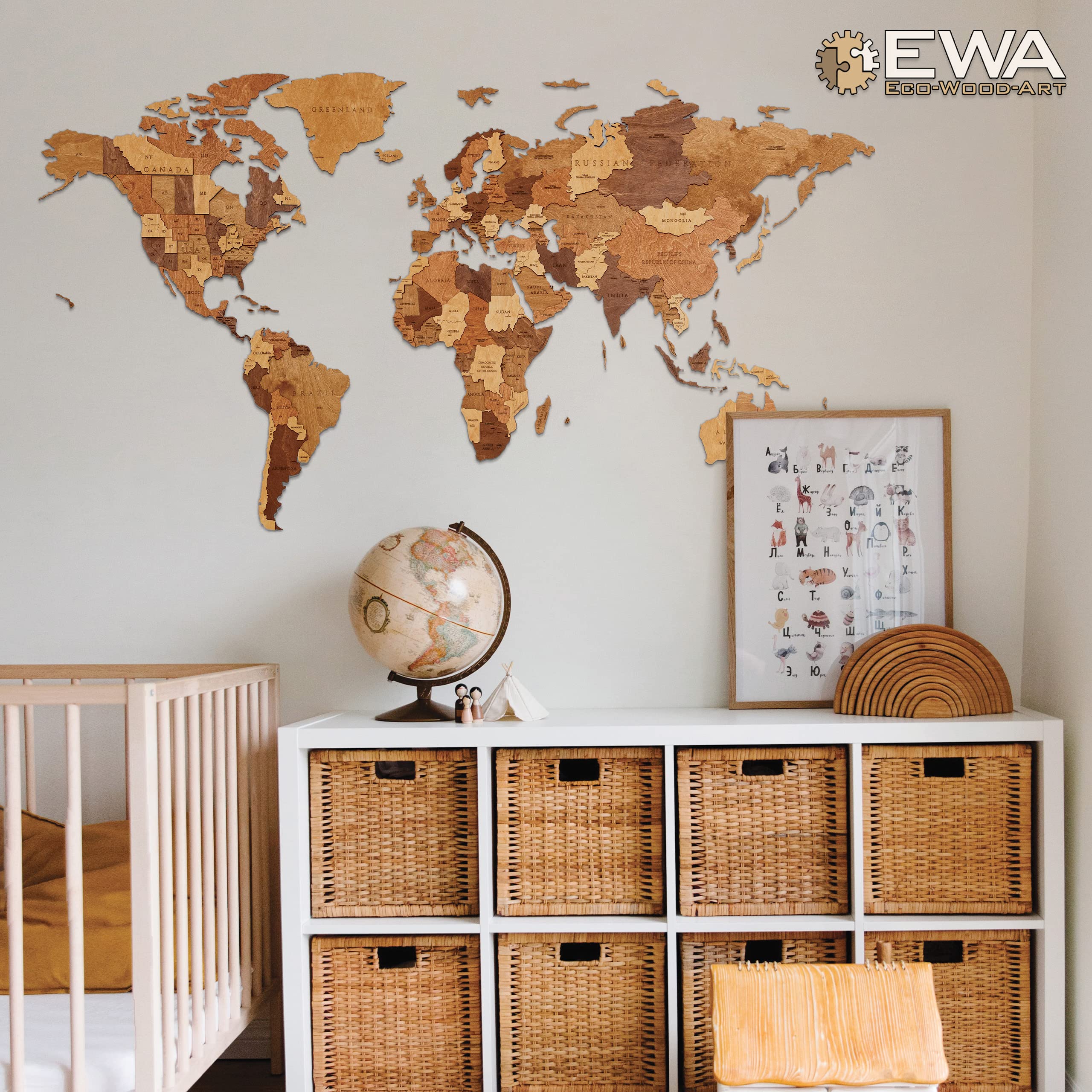 EWA Eco-Wood-Art Weltkarte Kinderzimmer – DIY 3-lagiges Puzzle Wanddekoration Schlafzimmer – Holz für Erwachsene & Jugendliche ab 14 Jahren – Medium, 126 Teile – Choco World
