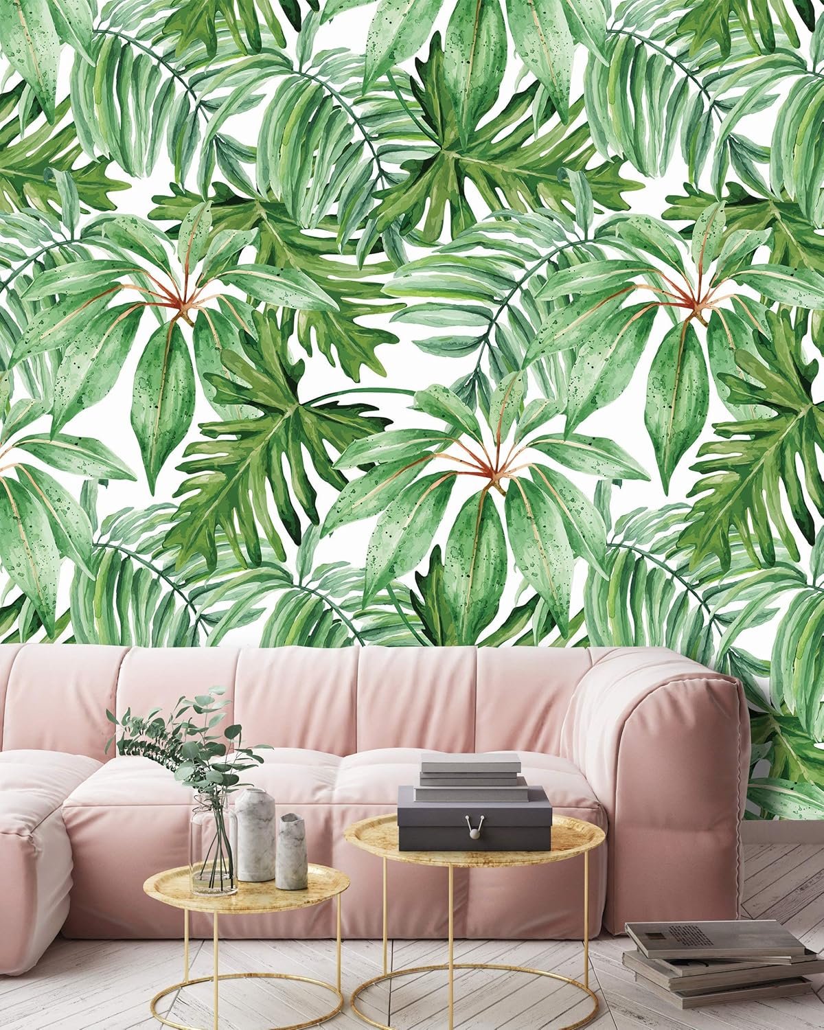 Removable Peel 'n Stick Wallpaper, Self-Adhesive Wall Mural, Watercolor Tropical Pattern, Nursery, Room Decor, Custom Colors • Jungle Leaves (24" W x 60" H Inches)