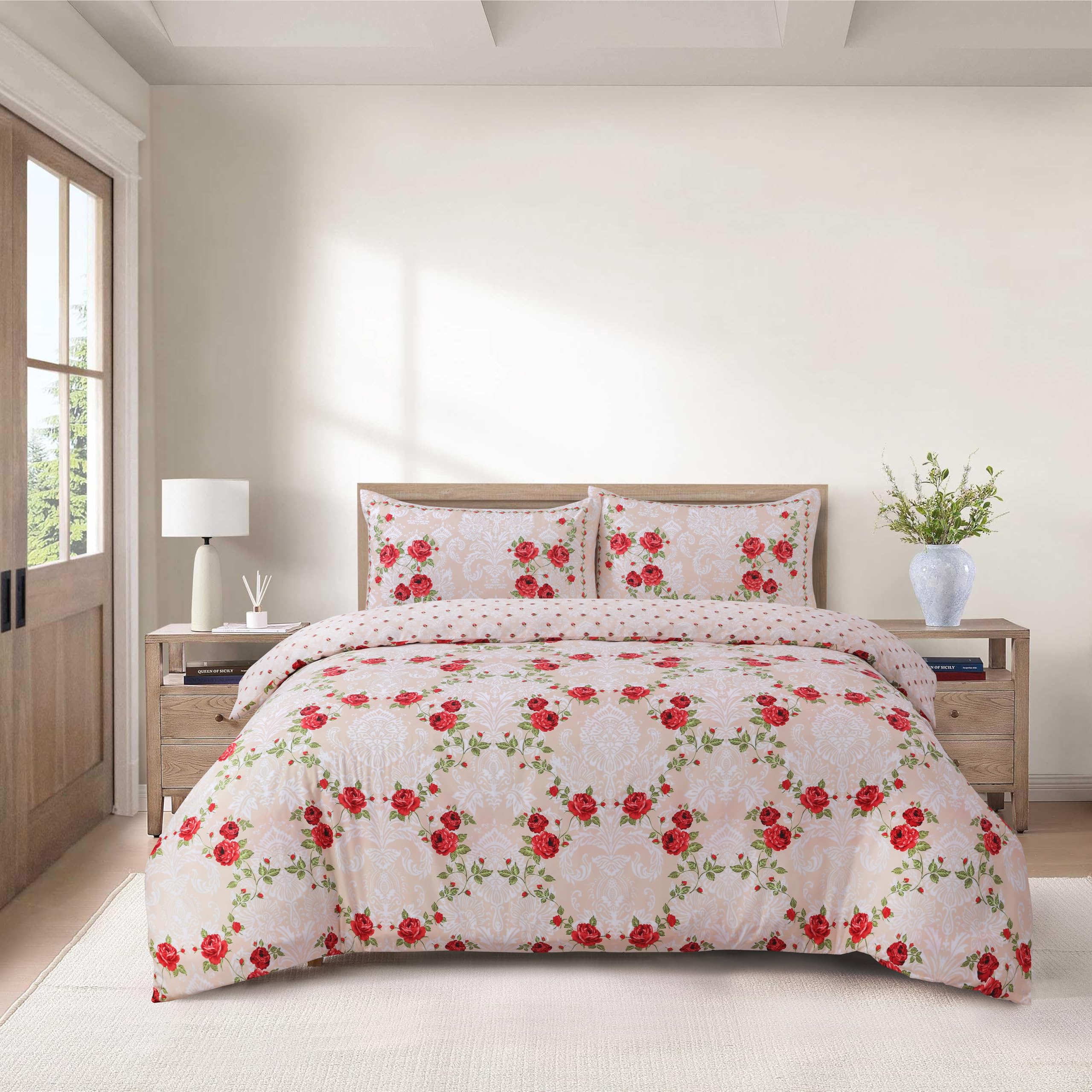 CHARKHAH 4 Piece Complete Bedding Set – Microfiber Reversible Duvet Cover, Deep Fitted Sheet & 2 Pillowcases | Soft, Breathable & Elegant - MF-QA-COM-SET-KING-CHRISTY-RED