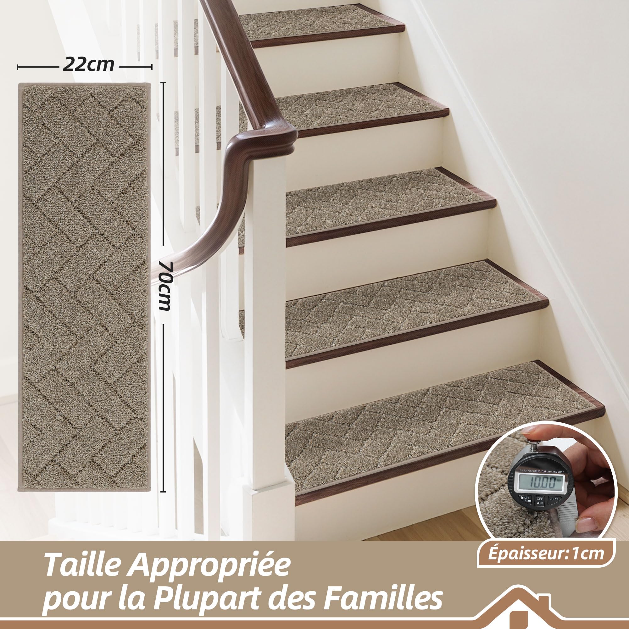 BEQHAUSE Tapis Escalier, Beige, 15 Pièces, Antidérapant, 22 * 70cm