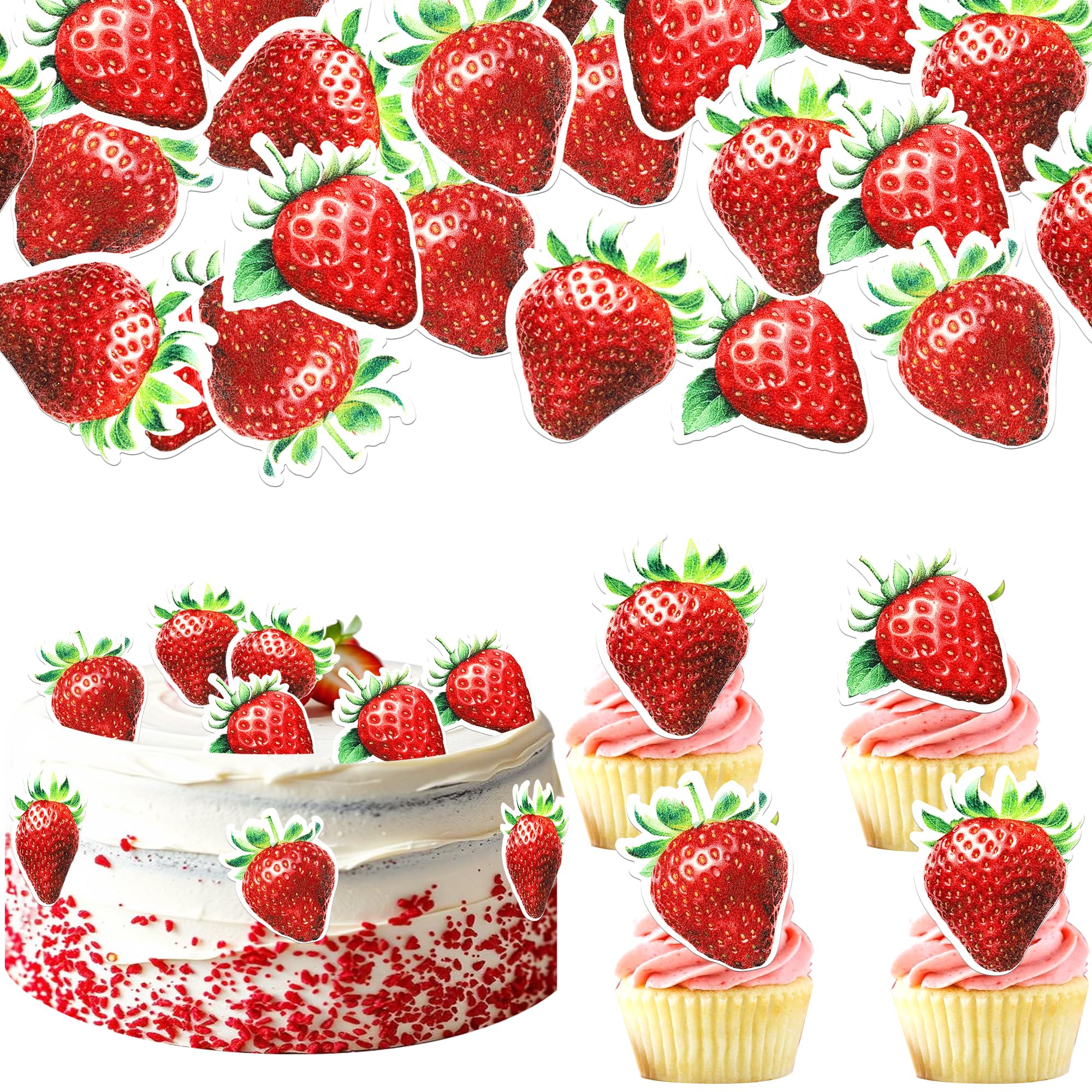 60 PCS Edible Strawberry Cupcake Toppers Wafer Paper Sweet Strawberry Birthday Cake Decorations Edible Berry Strawberry Cupcake Picks for Baby Shower