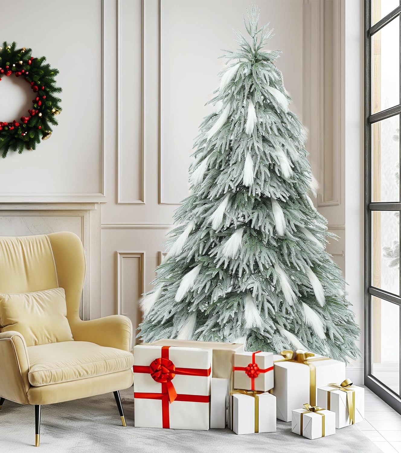 DWVO Pampas 6ft Flocked Christmas Tree with 400 LED Lights and 30 Reeds Like Plumes, Prelit Atificial Christmas Trees with Snow and 355 Mixed PE & PVC Branch Tips & Stand for Home Party Decoration