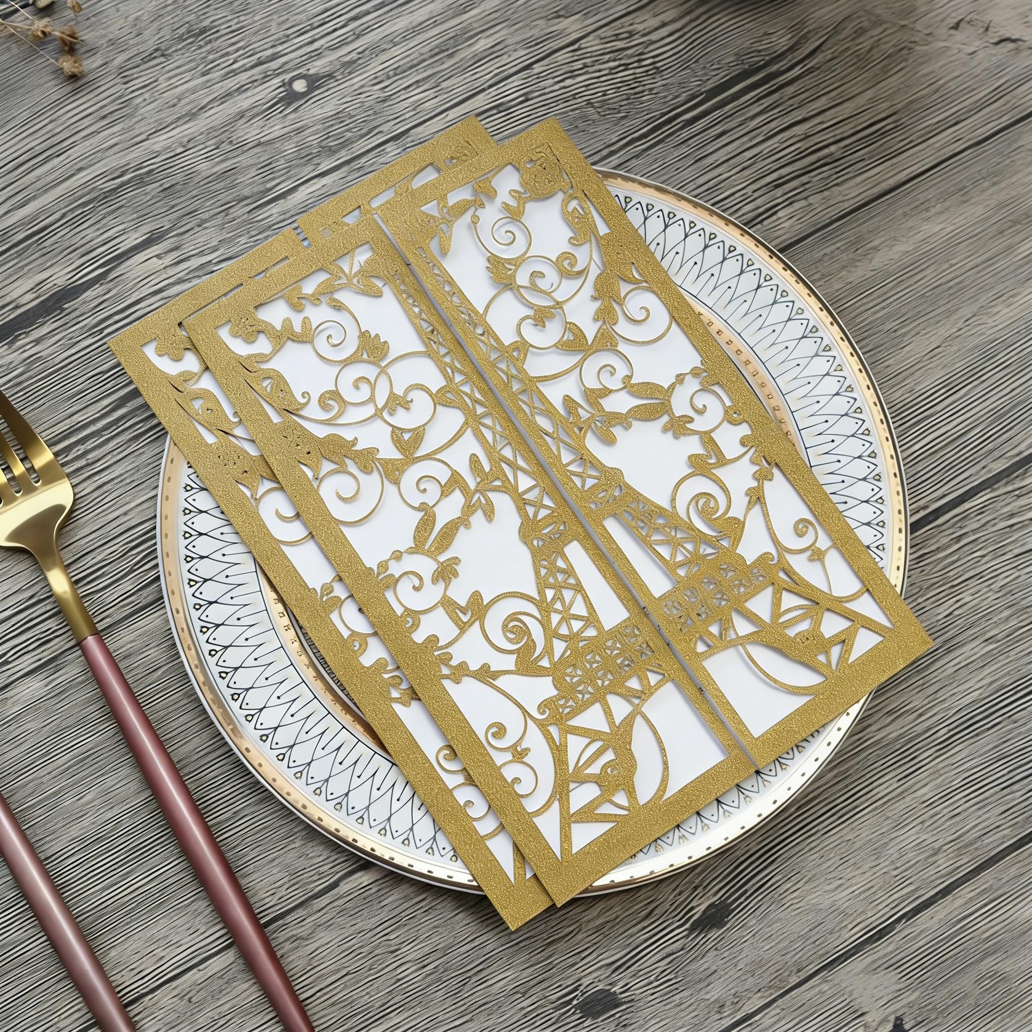 Cylallen 50 Pieces Laser Cut Eiffel Tower Birthday Wedding Invitation Card Quinceanera Engagement Bridal Shower Party Invitations Jacket 5 * 7 inch (