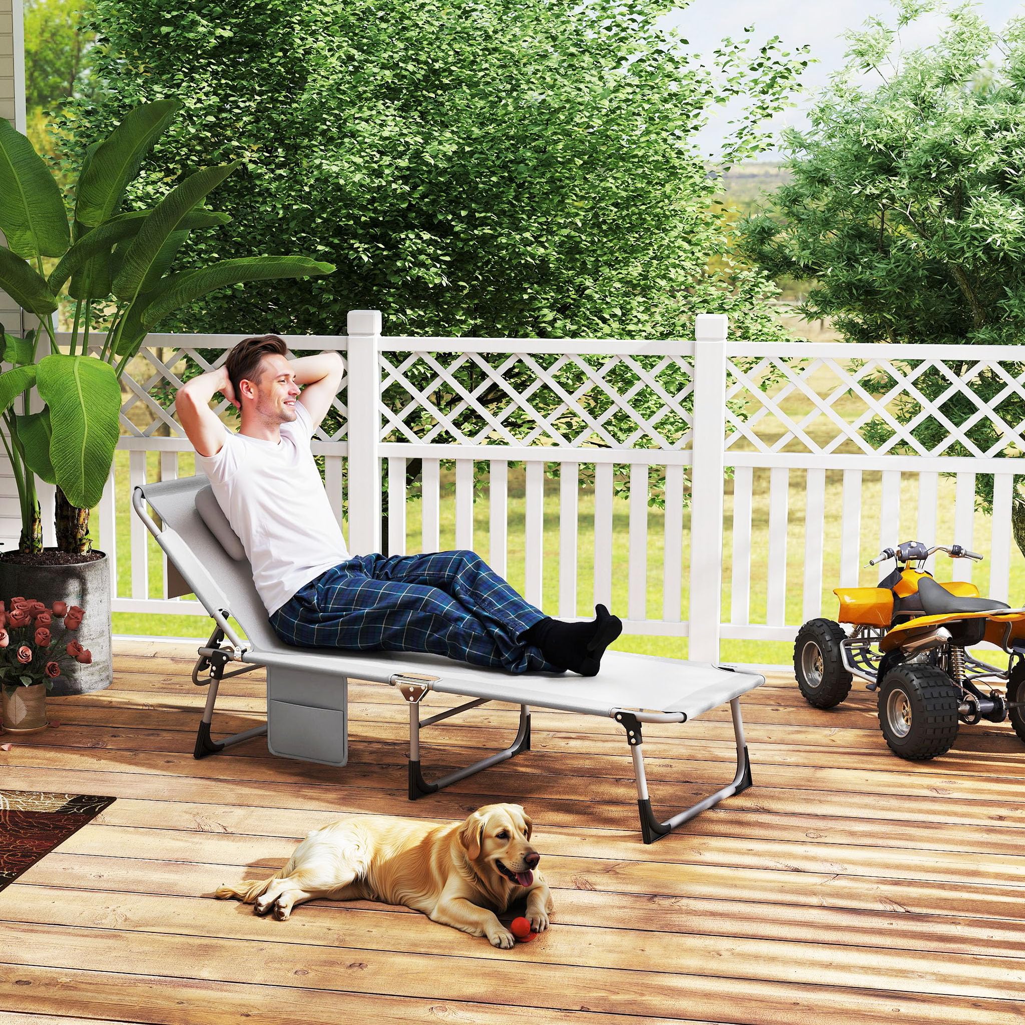SUBTLETY Lettino pieghevole con cuscino, apertura del viso, schienale regolabile in 3 posizioni e tasca laterale, ergonomico, da giardino, portatile, per campeggio, spiaggia, ufficio (grigio chiaro)