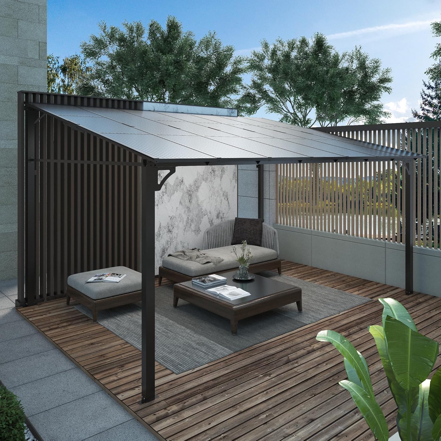 12'X14' Lean to Gazebo, Wall-Attached Hardtop Pergola with Anti-UV Polycarbonate Roof, Aluminum Frame Outdoor Patio Cover for Deck, Yard and Party