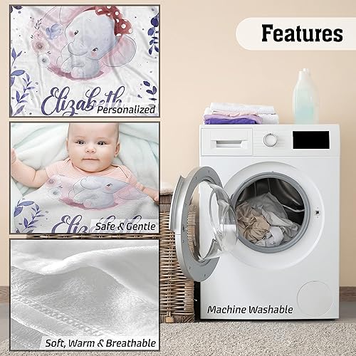 Miniatura 4 de AVIClothes Manta de bebé niña personalizada, mantas personalizadas de elefante para bebé, manta de bebé con nombre para niña, 30 x 40 pulgadas,