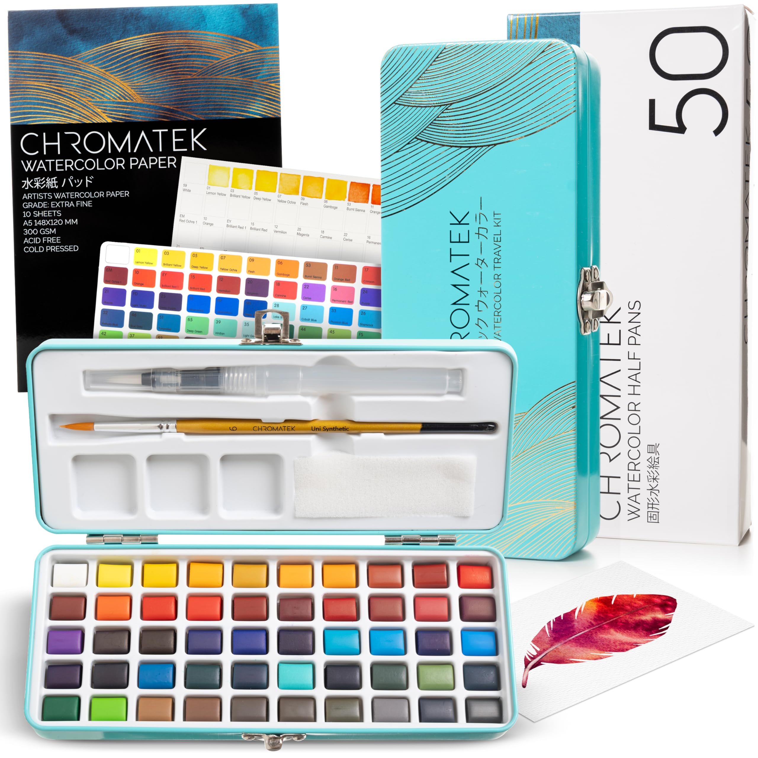 CHROMATEK Watercolour Paint Set – 50 Vivid colours Including Transparent, Opaque & Pastel – Art Kit with Brush, Water Pen, Palette, colour Chart, Swatch Sheets, Pad & Metal Travel Case