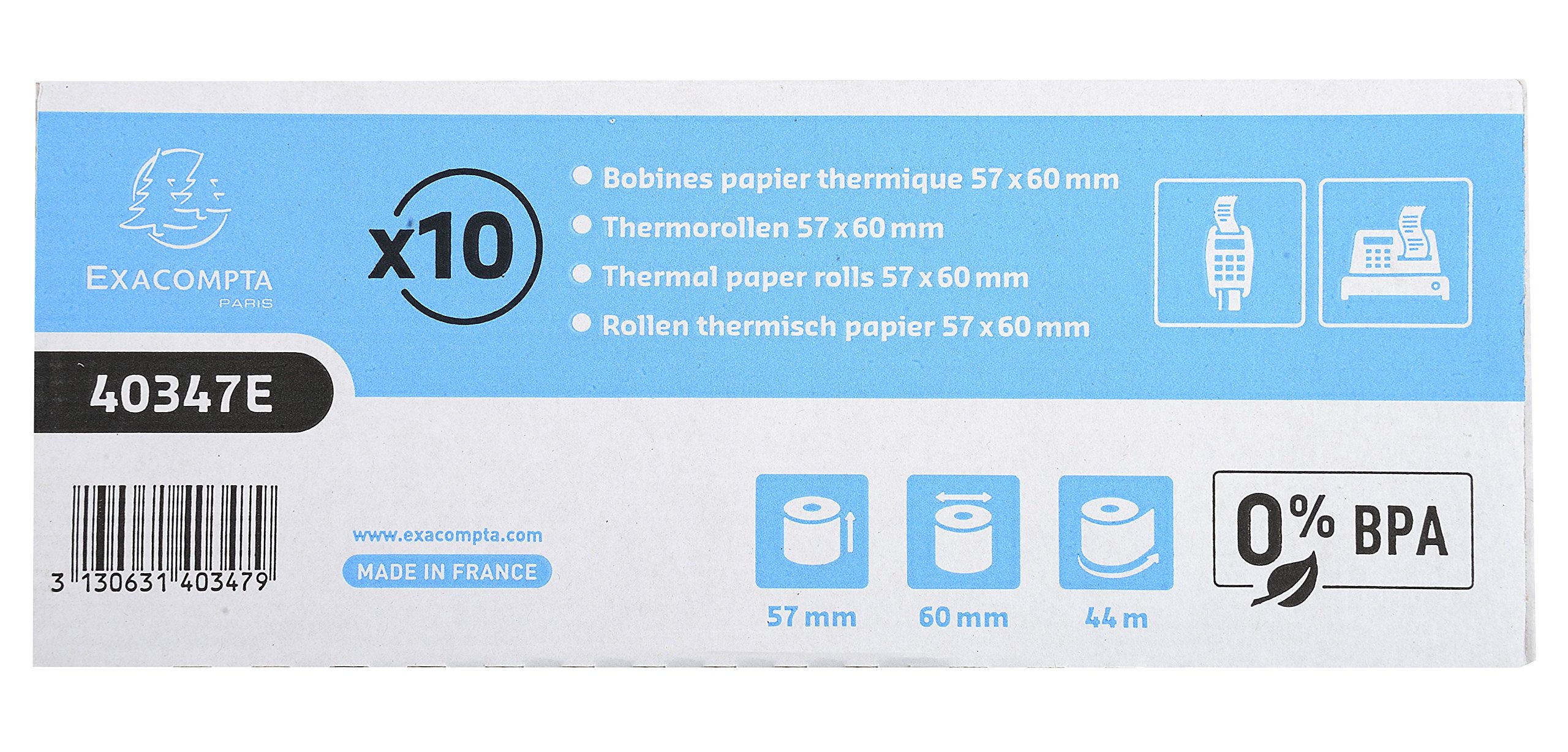 Exacompta - Réf. 40347E - Paquet de 10 bobines pour tickets de caisse et carte bancaire 57x60 mm - 1 pli thermique 55g/m² sans BPA - Diamètre 60 mm - Métrage (+ ou - 2m) : 44 m (Lot de 2)