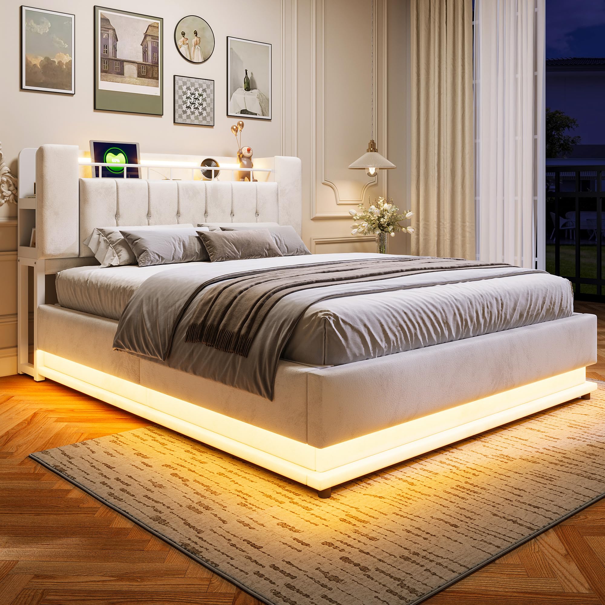 Letto matrimoniale imbottito con testiera e cassetto, 160 x 200 cm, beige