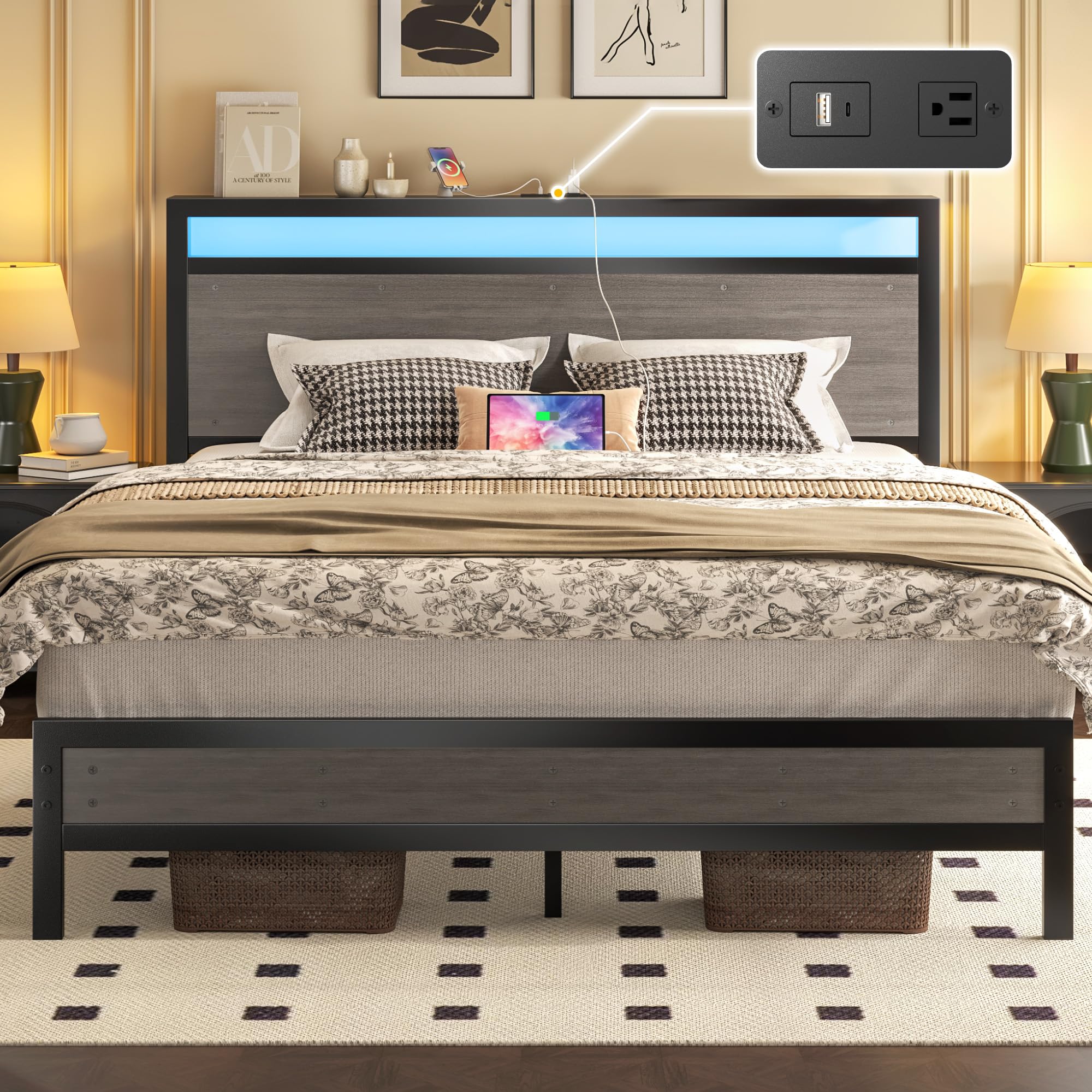 Fluest Queen Bed Frame with Headboard & Footboard, Bed Frame with Built-in Charging Station & LED Light, Storage Shelf, Noise-Free, No Box Spring Needed, Easy Assembly, Rustic Grey