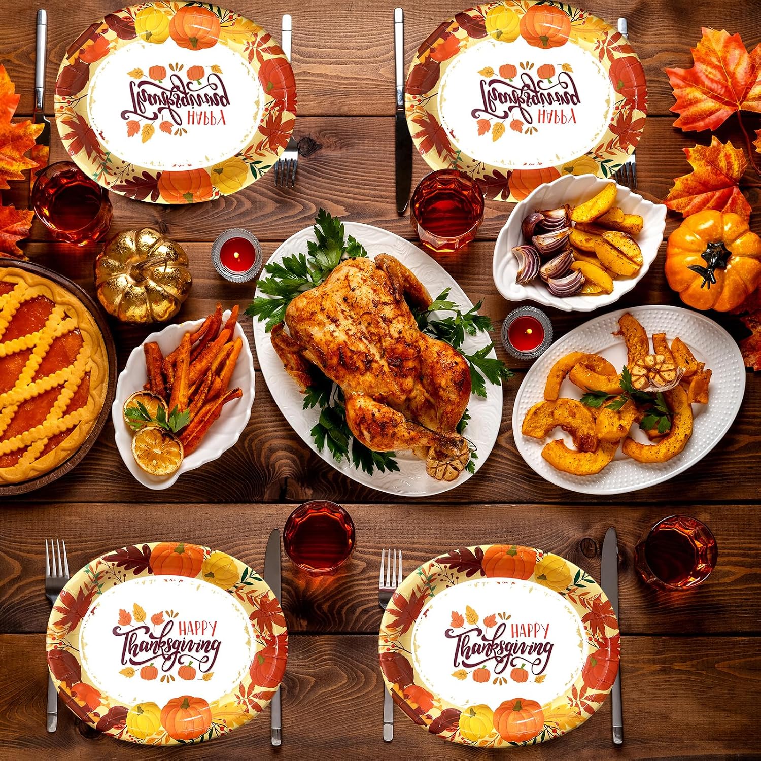 YQUQWN 50 PCS Oval Thanksgiving Paper Plates 12 x 10 Inch Heavy Duty Disposable Plates for Pumpkin Fall Harvest Holiday Thanksgiving Party Supplies Table Decor