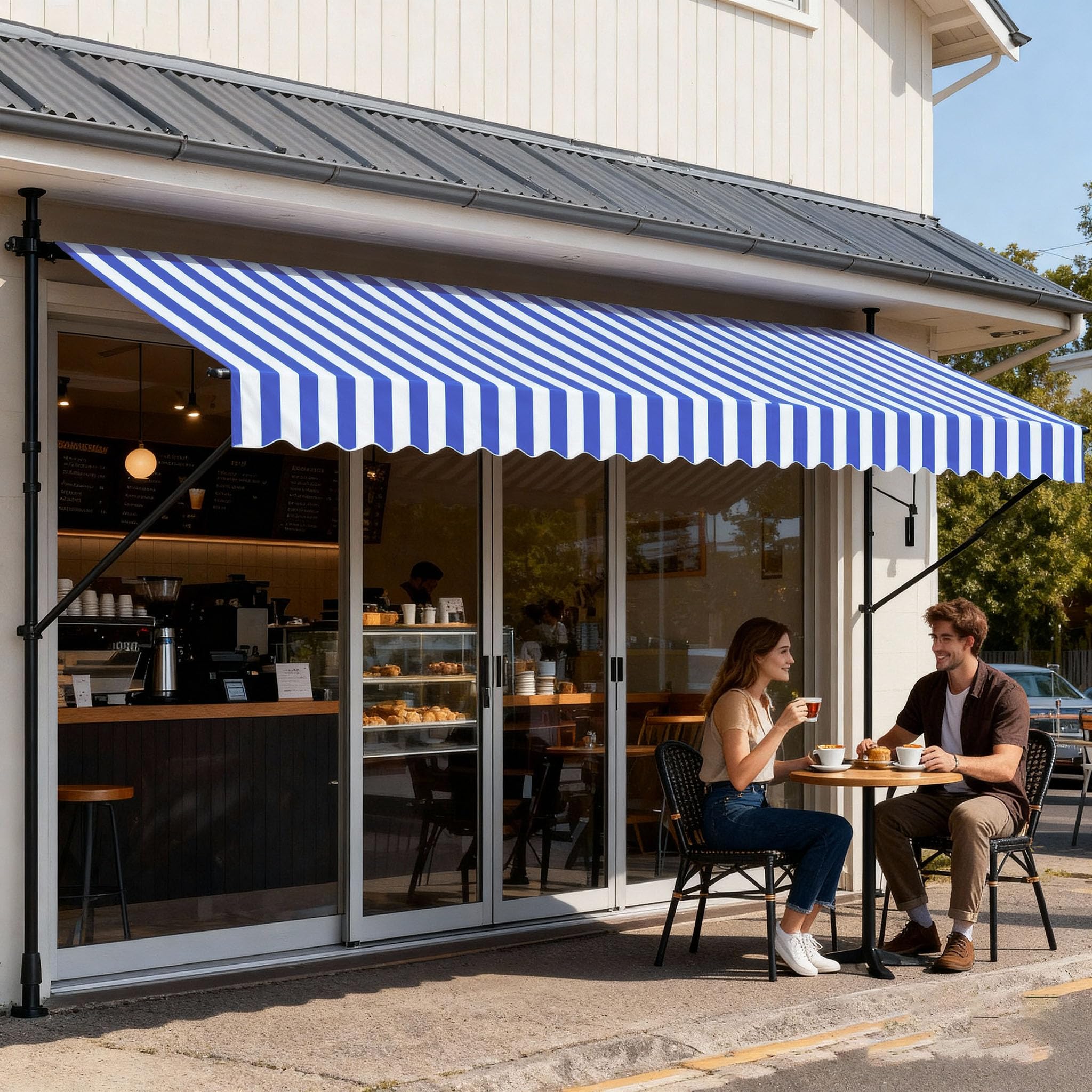 YEATHOR Retractable Awning Manual Telescopic Canopy with Hand Crank Free Standing No Drilling UV Protection Weatherproof Sunshade Adjustable Shelter for Patios Balcony Garden, 400x120 cm Blue Stripes