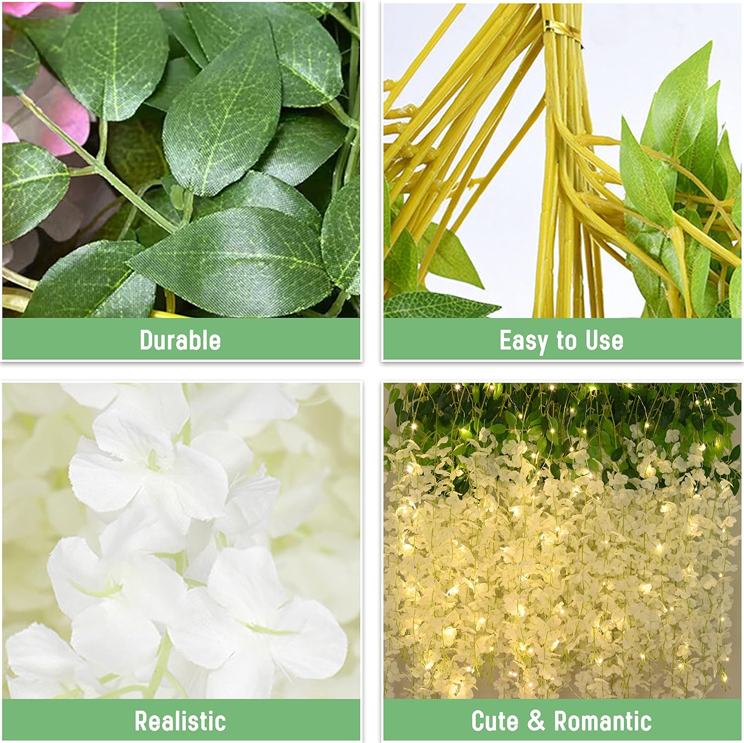 BLEUM CADE 24Pcs White Fake Wisteria Hanging Flowers with Lights, 3.6Ft/Pcs Artificial Wisteria Garland, Hanging Flowers for Wedding Party Home Backdrop Wall Decoration