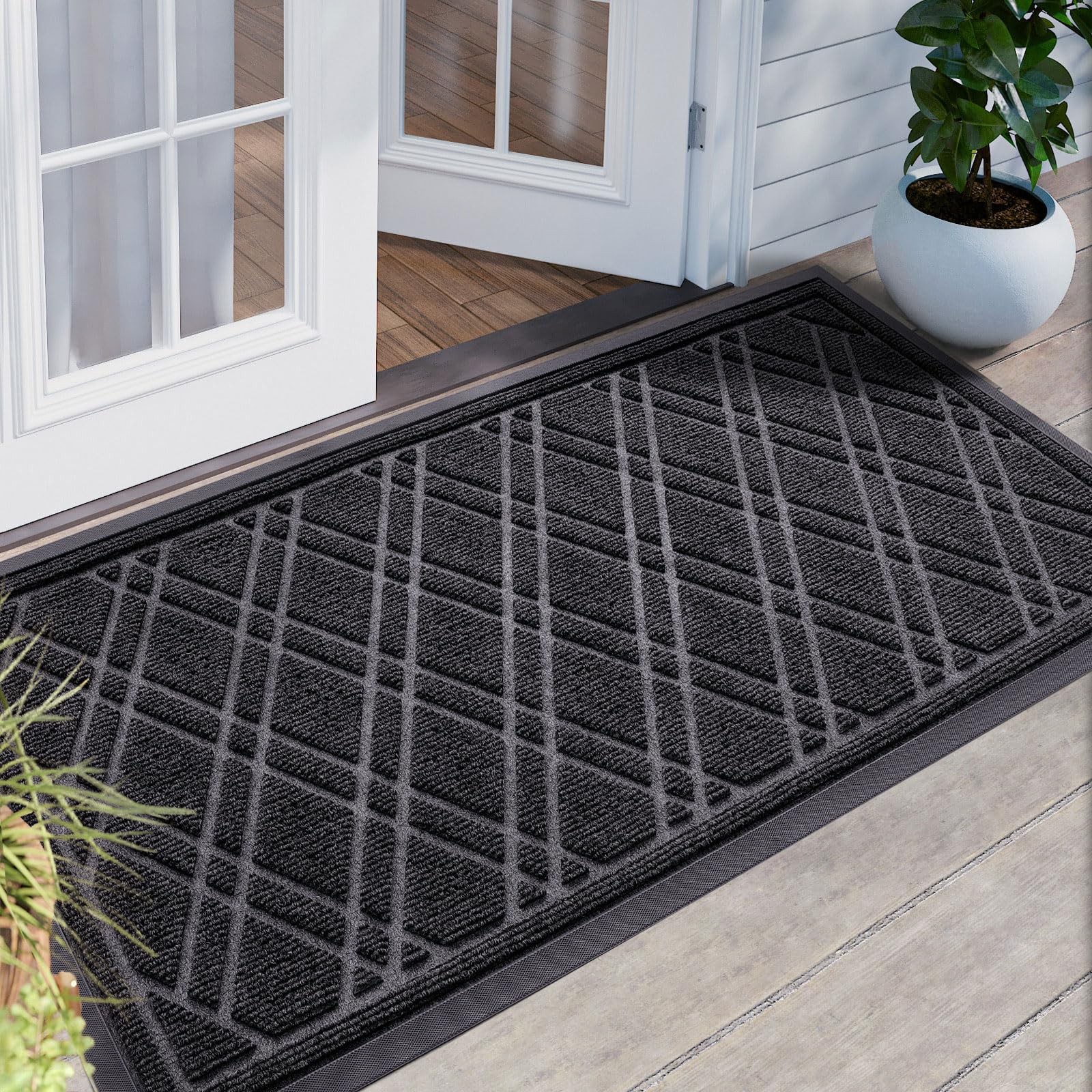 DEXIFront Door Mat Outside Entrance, All-Season Heavy Duty Rubber Doormat, Fade Resistant, Low-Profile, Easy Clean Patio Entryway, 24x48, Weave Grey