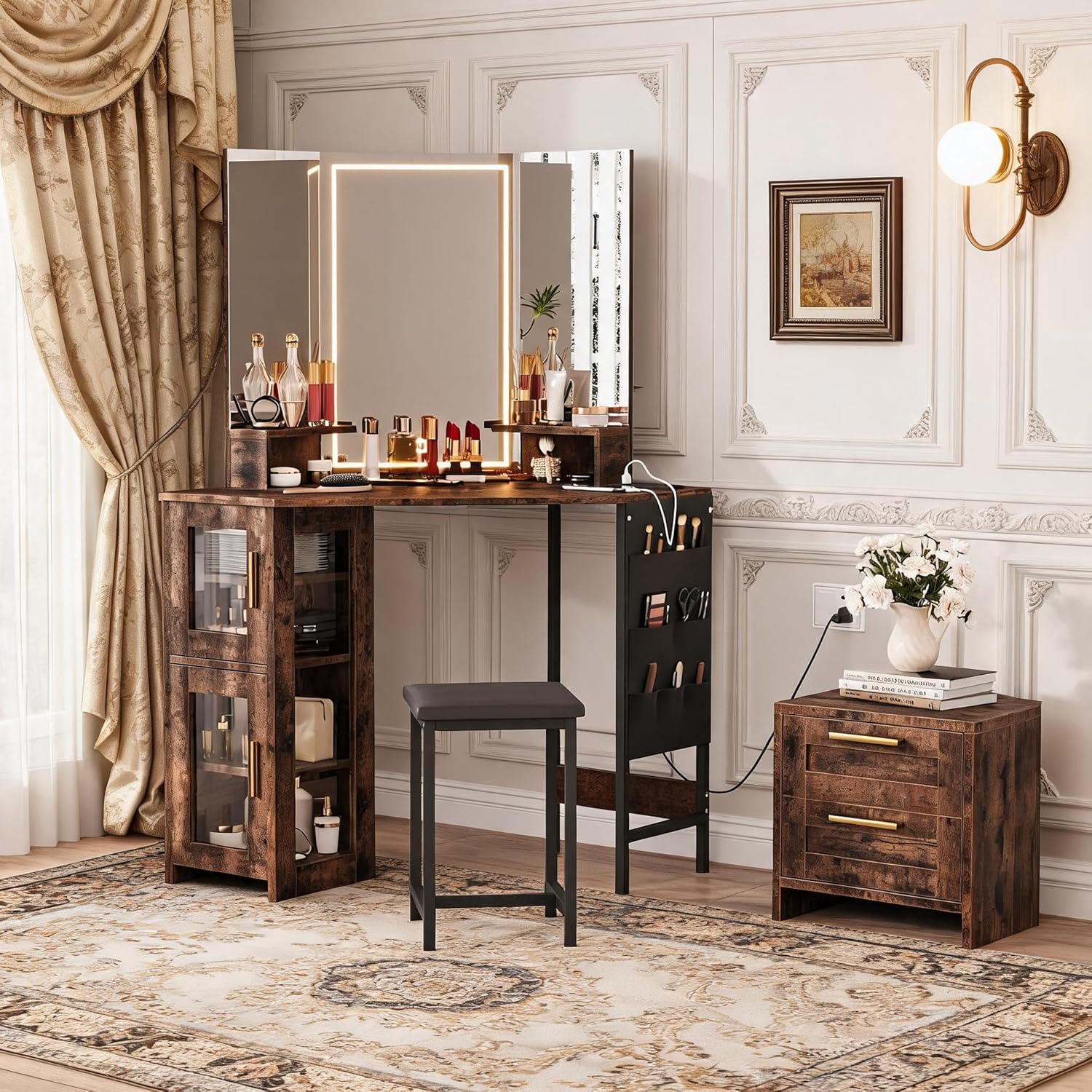 GarveeHome Corner Vanity Desk with LED Lighted Mirror, 3 Color Lighting Modes Makeup Vanity with Stool, Cabinet & Power Outlet, Farmhouse Dressing Table for Bedroom, Makeup Studio, Brown