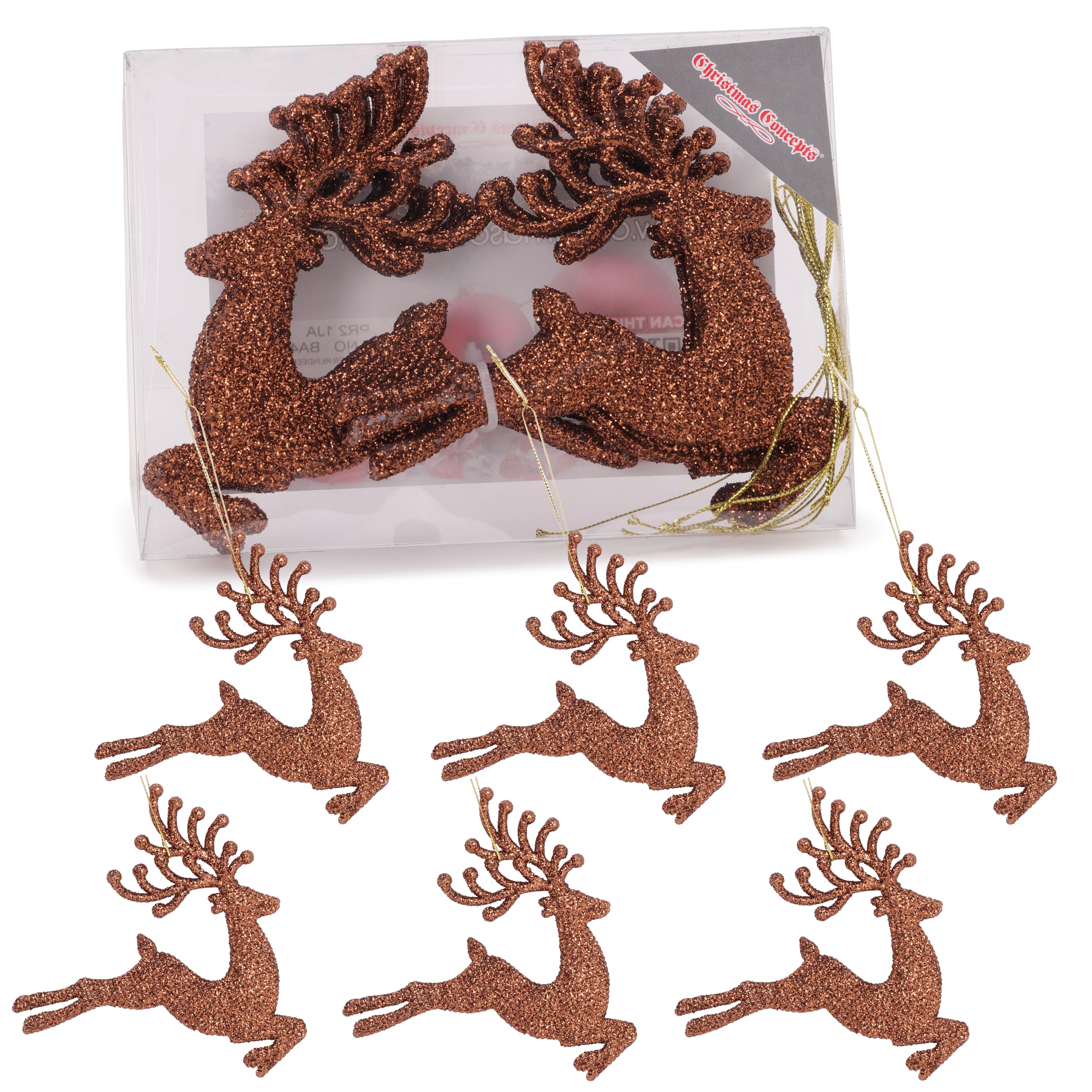 Christmas Concepts Mocha Christmas Concepts®- 100Mm (4") Pack Of 6 Glittery Reindeer Baubles - Christmas Tree Decorations (Mocha)