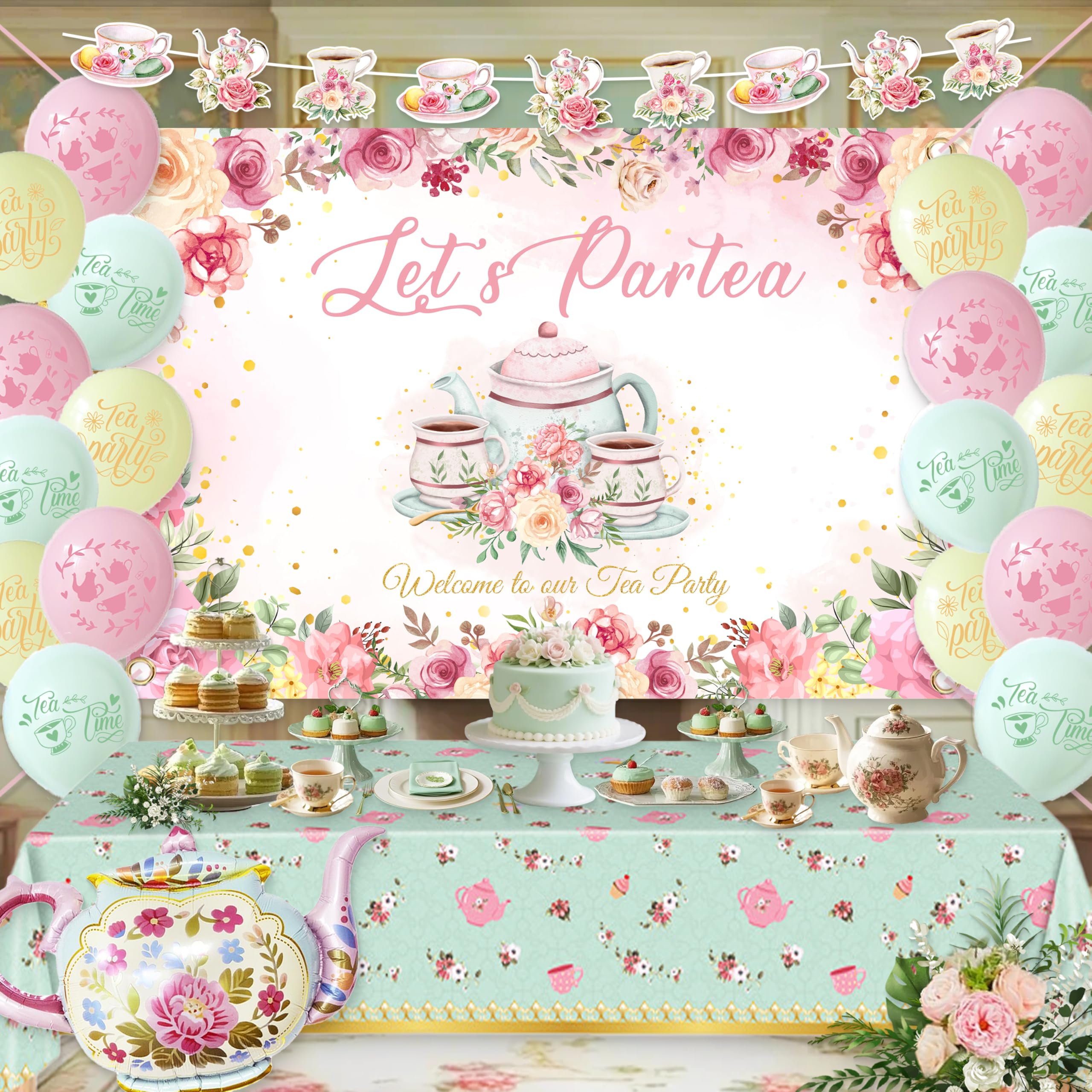 Tea Party Decorations For Women,Pastel Balloons,Tea Party Backdrop,Banner,Teapot Mylar Foil Balloon,Table Cloth,Paper pom poms Party Supplies for