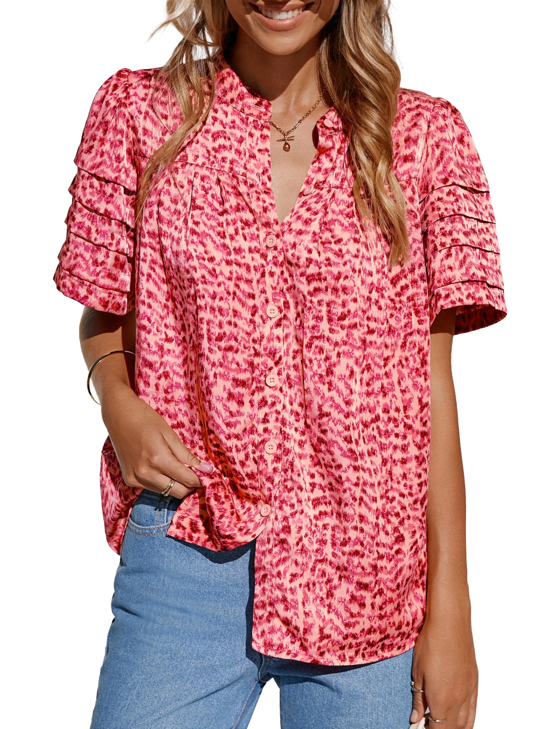 Womens Tops Summer Boho Floral Short Sleeve Button Down Shirts Crewneck Loose Vacation Dressy Casual Work Blouses