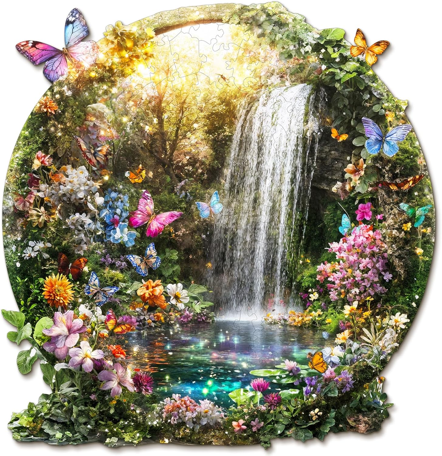 Wooden Puzzles for Adults, Butterflies and Waterfalls Jigsaw Puzzles, 301 Piece Unique Shaped Puzzle, 3D Visual Landscape Shape Puzzle, Gifts for Adults，Wall Decor(13.4 * 13 in)