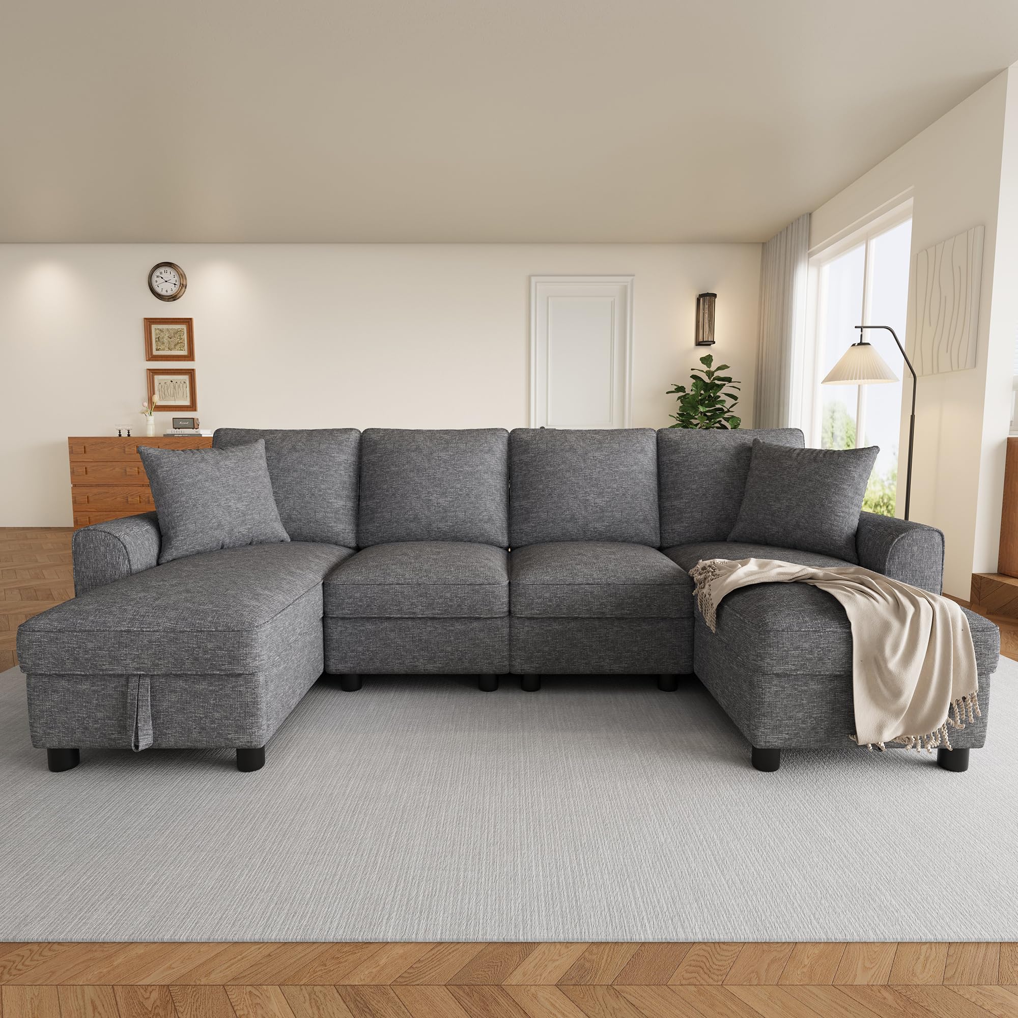 Großes Ecksofa U-Form, Chenille Wohnlandschaft mit Stauraum, Modulares Sofa mit 2 Chaiselongues und Kissen, Couchgarnitur für Wohnzimmer, Familien Sofa Grau (Grey, 4-Sitzer)