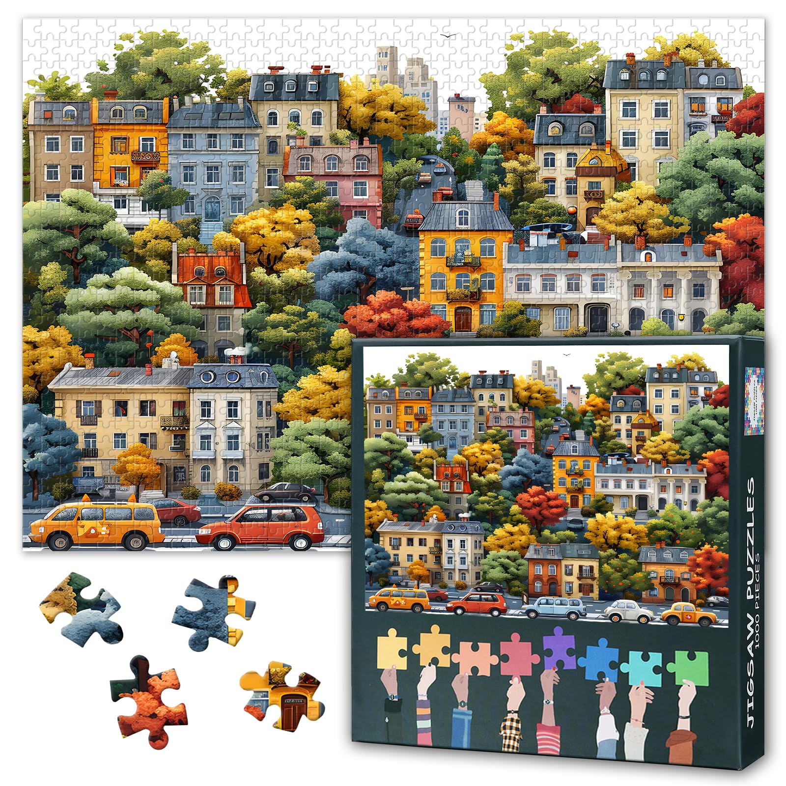 Houses Trees Cars Puzzles Artwork Home Wall Decor as Gifts for Puzzle Lovers 1000 Pieces Cityscape Jigsaw Puzzles for Adult Intellectual Games Challenging Puzzle 27.5"X19.7"