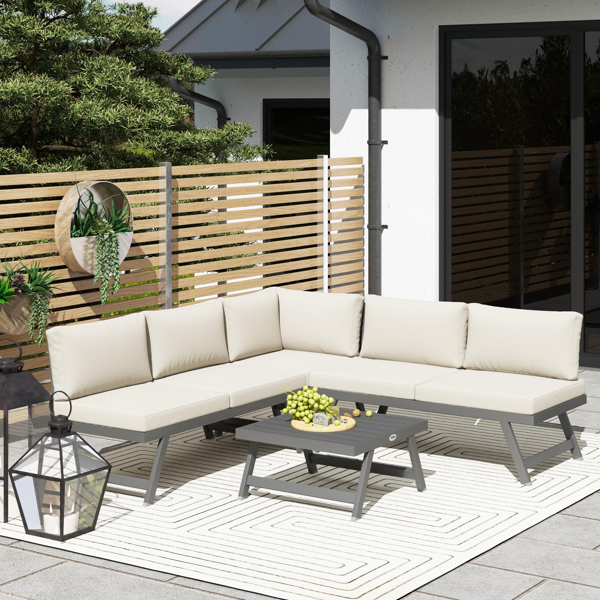 Outsunny Salon de Jardin Extérieur d'angle et Convertible 4 Pièces Beige | Mobilier de Jardin pour Terrasse Balcon, 2 Banquettes, 1 Fauteuil d'Angle, 1 Table Basse, Aluminium et Acier