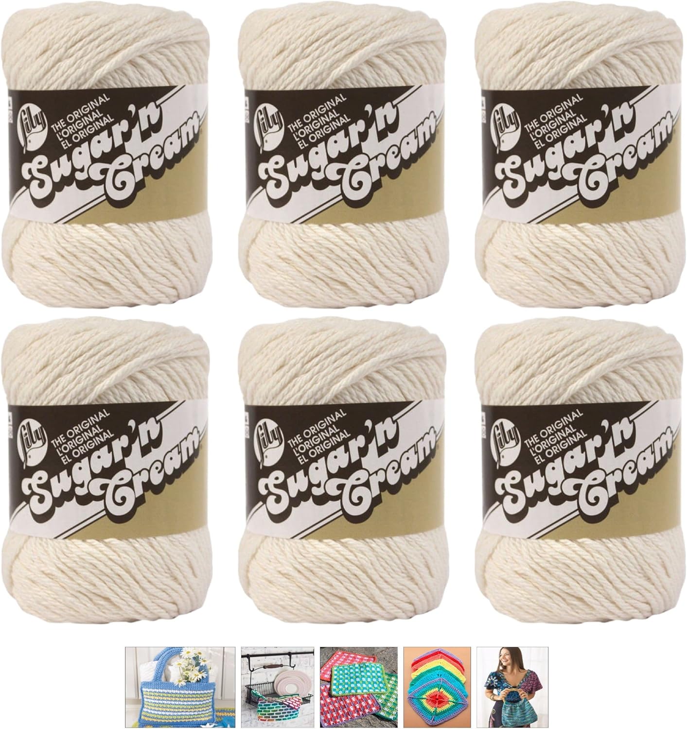 Bulk Buy: Lily Sugar'n Cream Yarn 100% Cotton Solids and Ombres (6-Pack) Medium #4 Worsted Plus 5 Lily Patterns (Ecru 00004)
