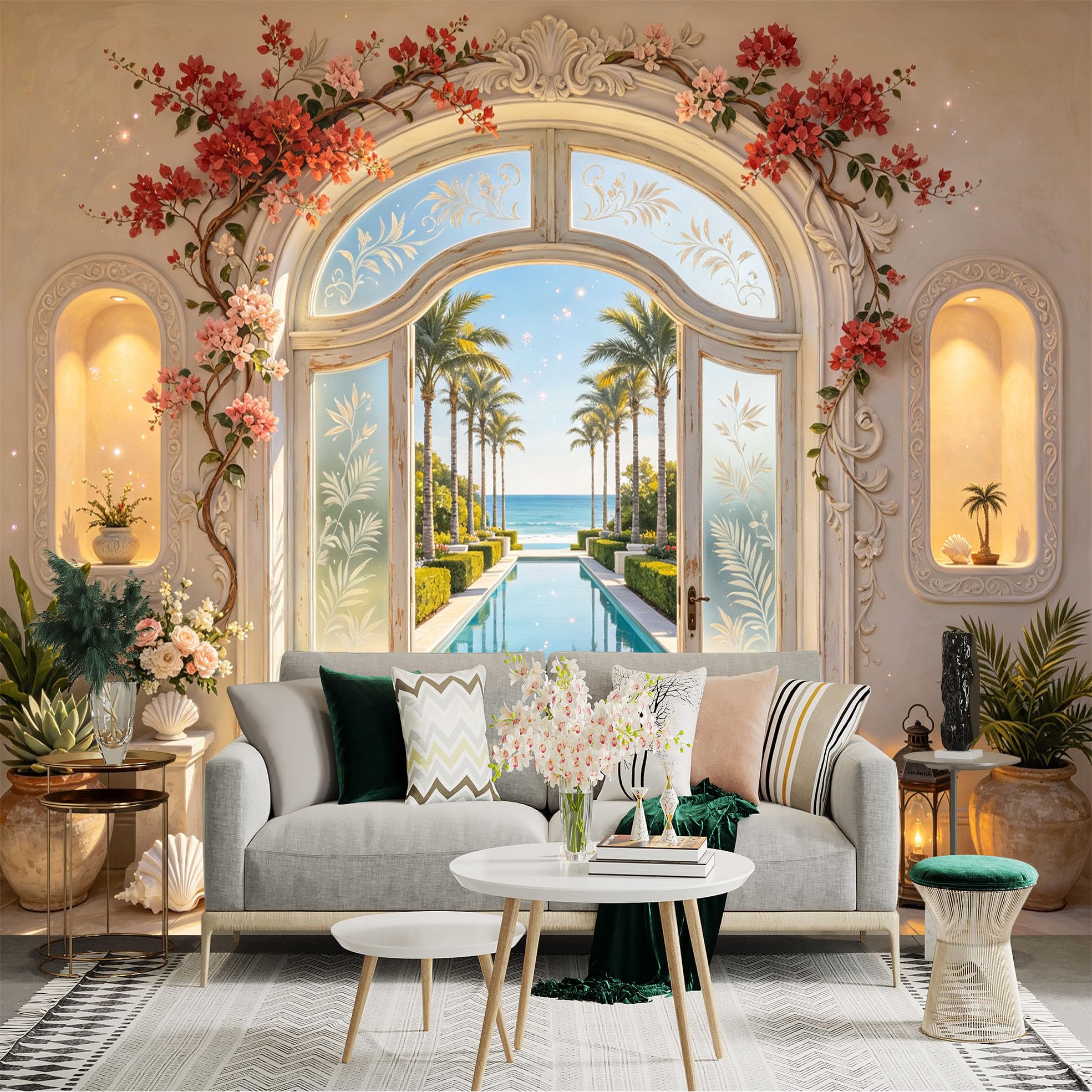 Custom Size Wall Sticker Mural， Coastal Pool View with Palm Trees and Floral Archway， for wall Decoration， peelandstick wall Decals.