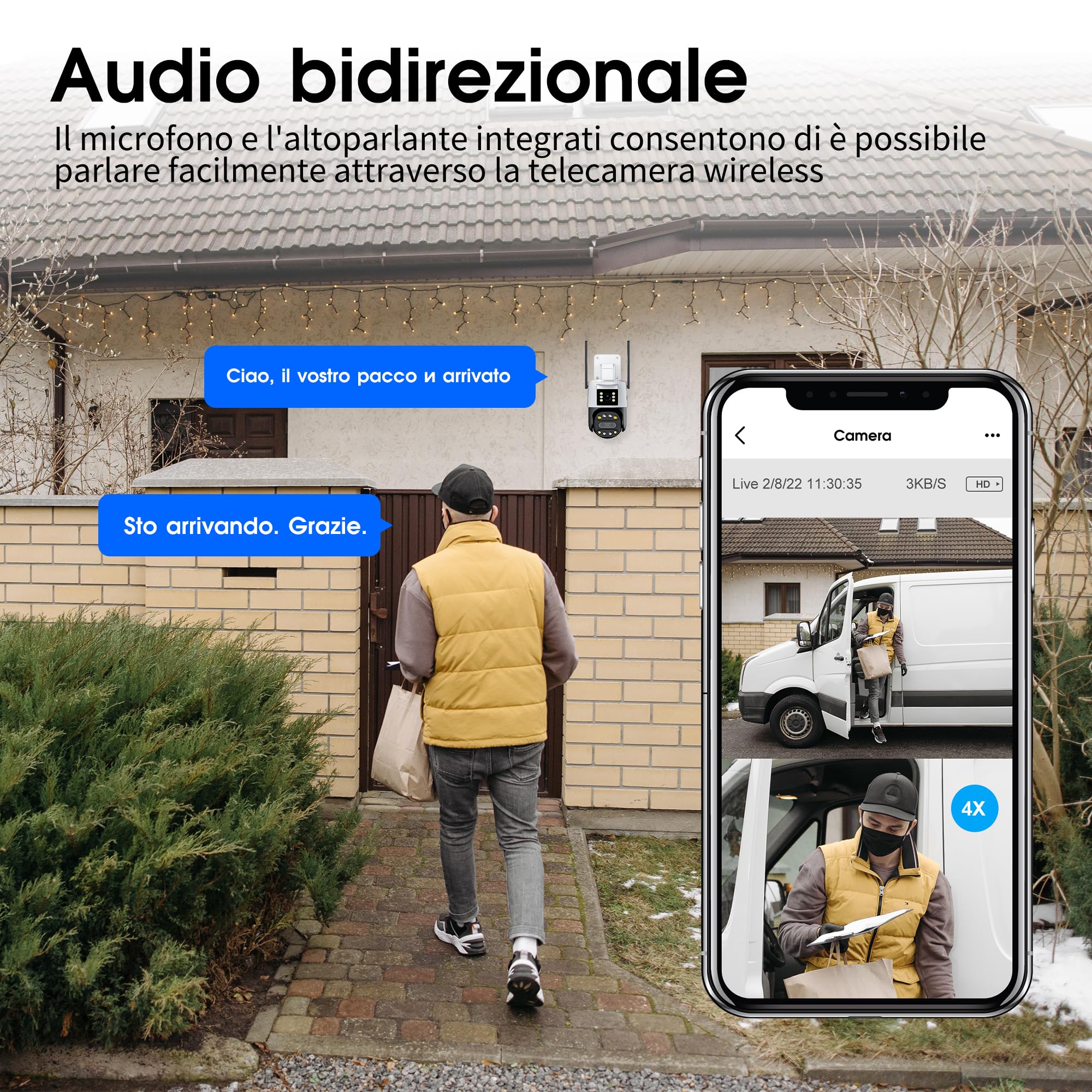 Telecamera Wi-Fi Esterno,Tre-Lente Doppia-Visione, 2,4G FHD1080P PTZ IP Videocamera Sorveglianza,Tracciamento Automatico,Visione Notturna a Colori, Audio Bidirezionale, IP66 (HD)