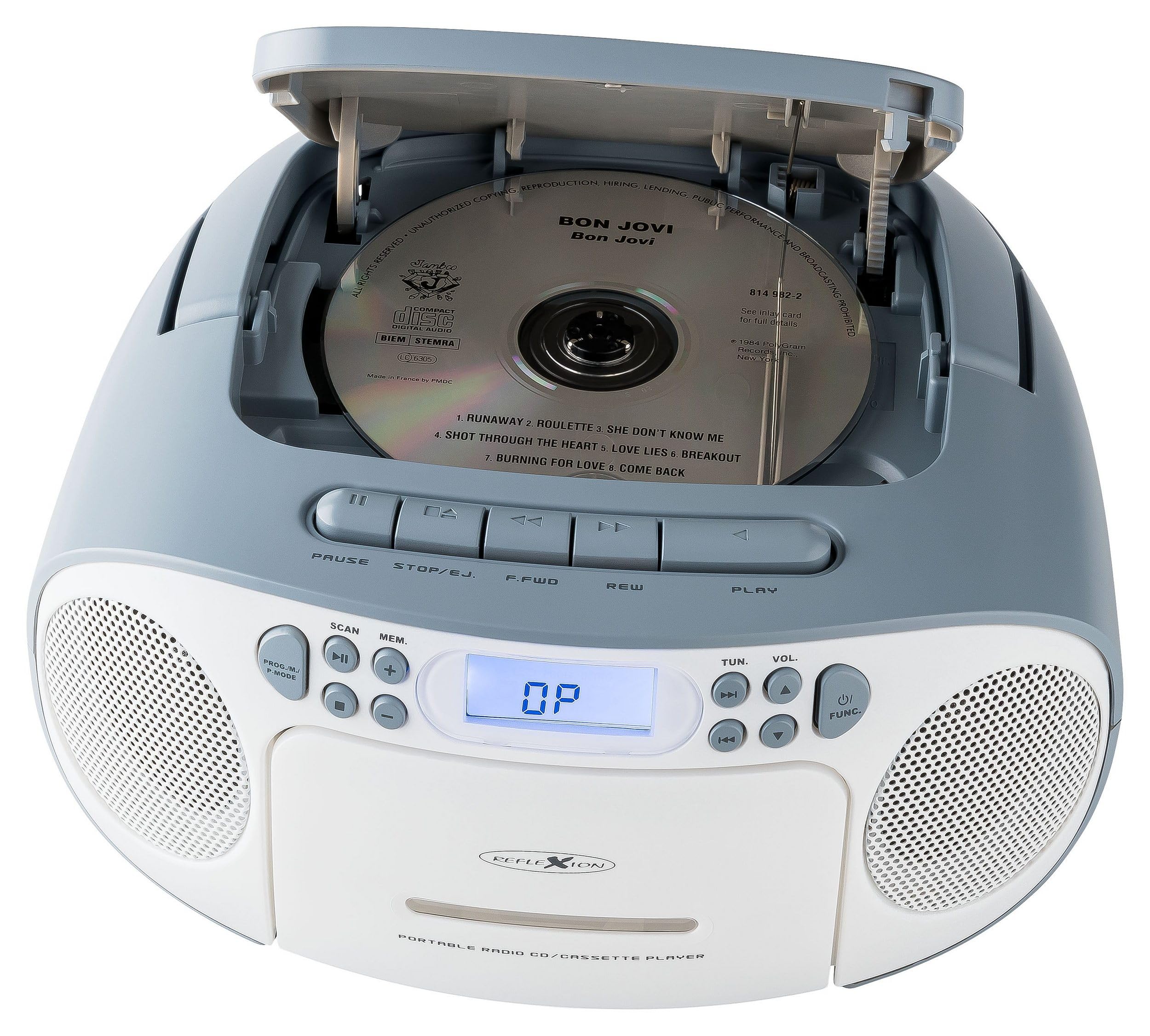 CD Player with Cassette and Radio for Mains and Battery Operation (PLL FM Radio, LCD Display, AUX Input, Headphone Jack), White/Blue, RCR2260