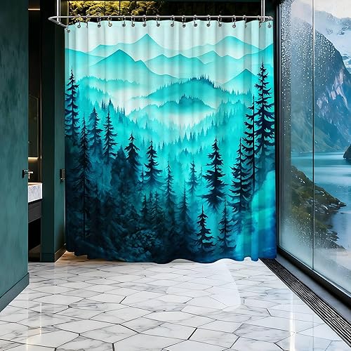 Miniatura 40 de Cortina de ducha azul marino de bosque Cortina de ducha azul oscuro de montaña y naturaleza para decoración de baño de hombres, tela impermeable con